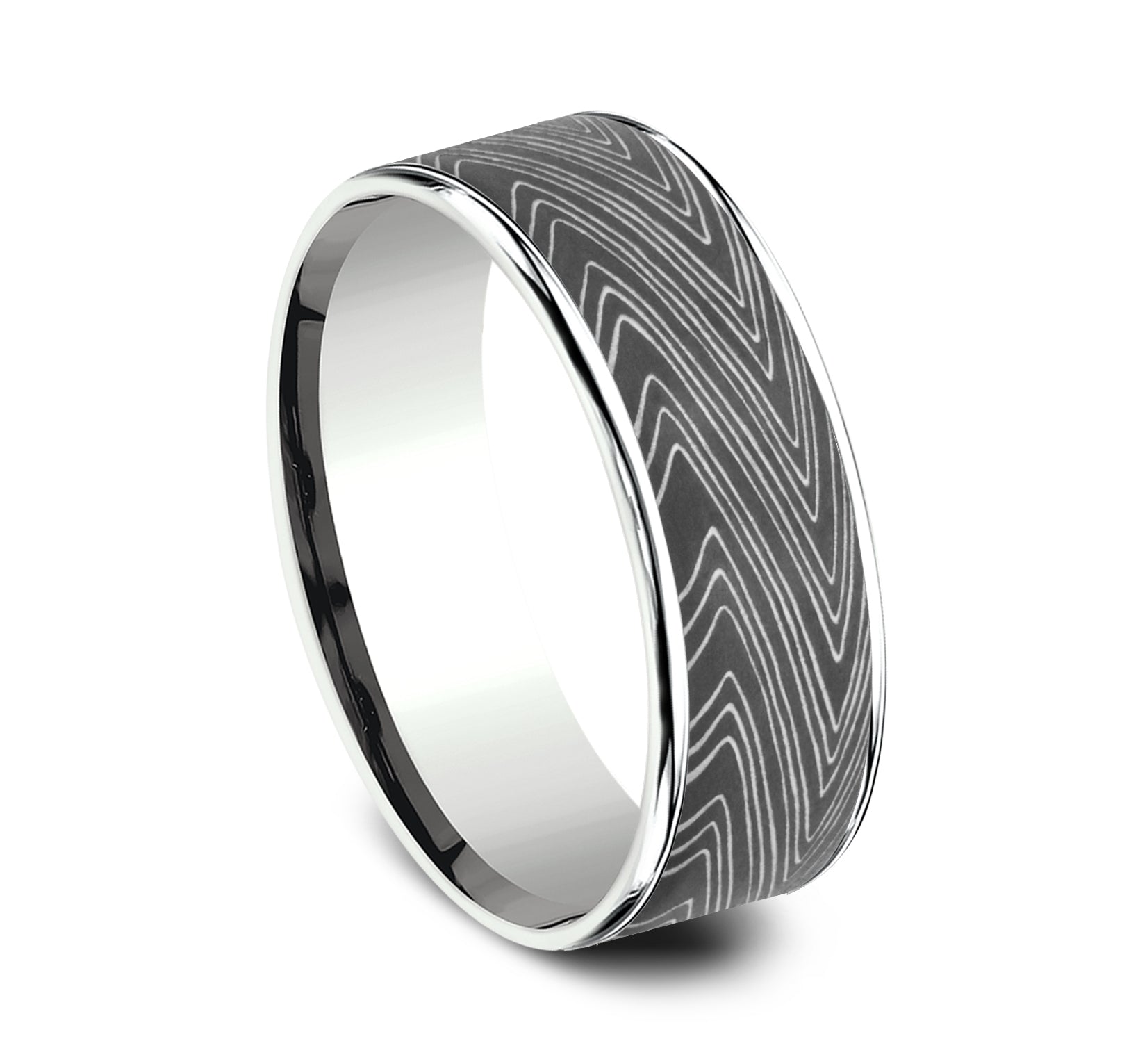 THE HERRINGBONE 7.5mm, Comfort fit, 14K White Gold and Darkened Tantalum, Unique Tamascus designed center, thin edges
