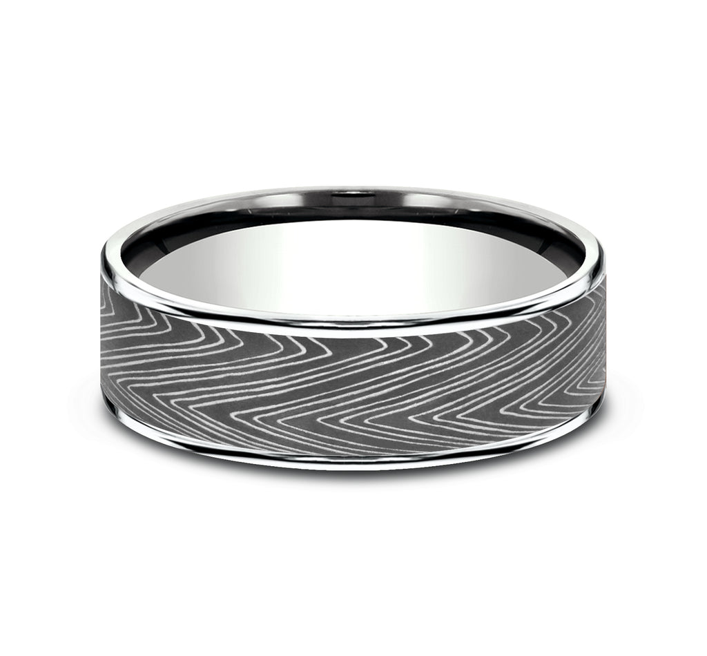 THE HERRINGBONE 7.5mm, Comfort fit, 14K White Gold and Darkened Tantalum, Unique Tamascus designed center, thin edges