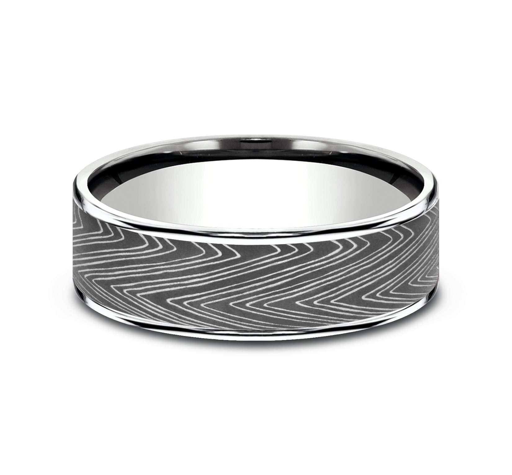 THE HERRINGBONE 7.5mm, Comfort fit, 14K White Gold and Darkened Tantalum, Unique Tamascus designed center, thin edges