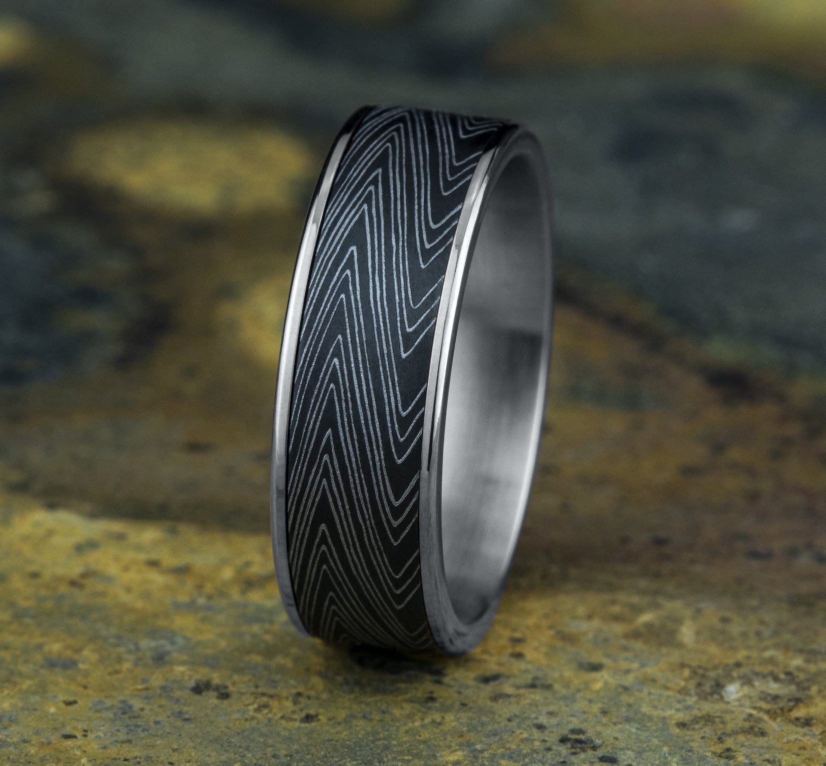 THE HERRINGBONE 7.5mm, Comfort fit, 14K White Gold and Darkened Tantalum, Unique Tamascus designed center, thin edges
