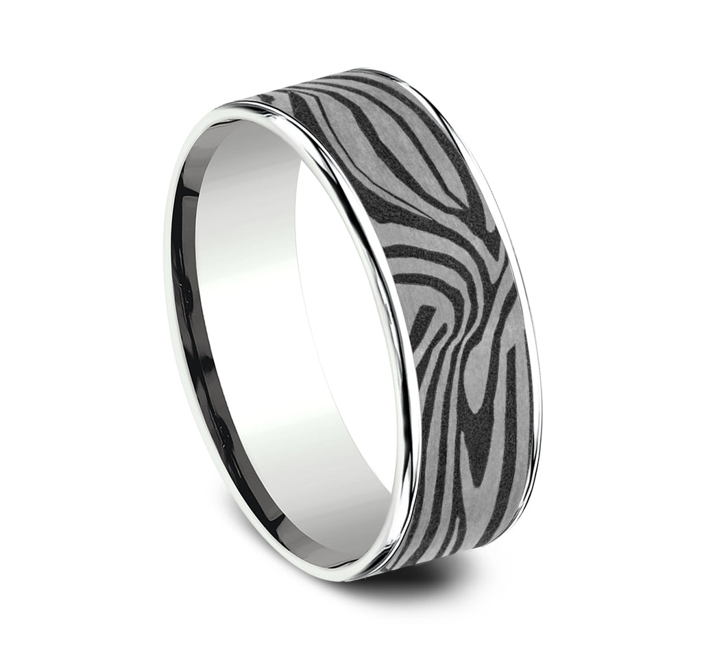 THE LAVA LAMP 7.5mm, Comfort fit, 14K White Gold and Grey Tantalum, Unique Tamascus designed center, thin edges