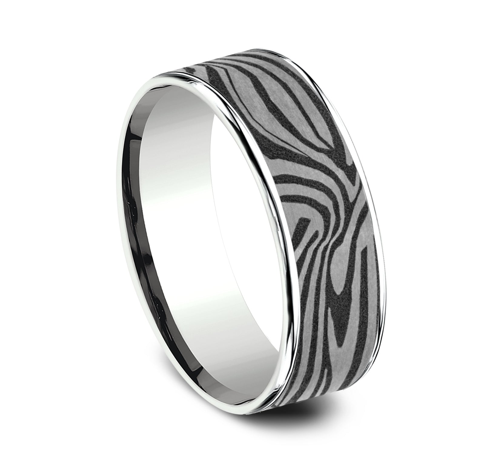 THE LAVA LAMP 7.5mm, Comfort fit, 14K White Gold and Grey Tantalum, Unique Tamascus designed center, thin edges