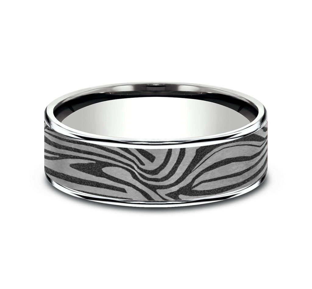 THE LAVA LAMP 7.5mm, Comfort fit, 14K White Gold and Grey Tantalum, Unique Tamascus designed center, thin edges