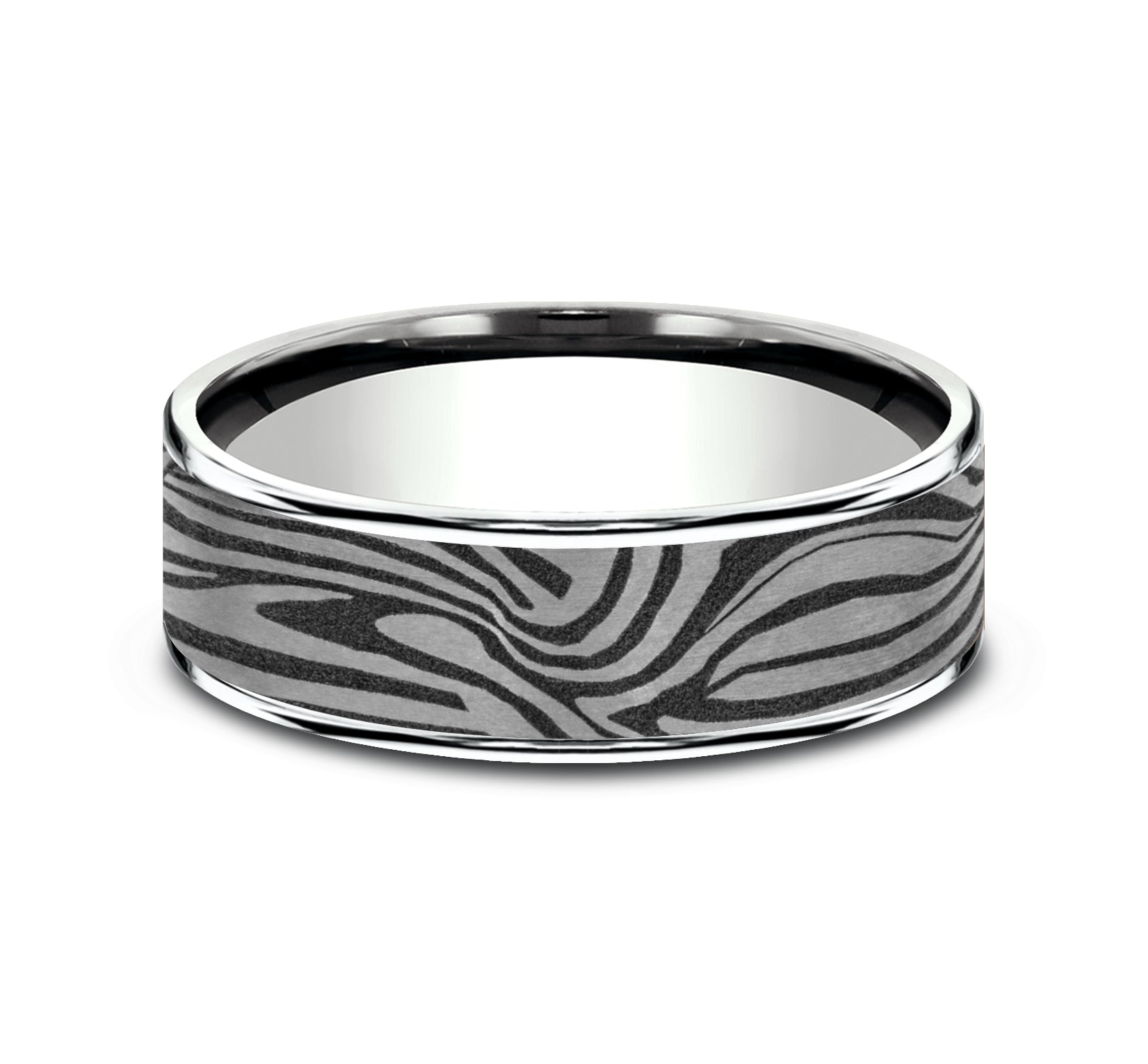 THE LAVA LAMP 7.5mm, Comfort fit, 14K White Gold and Grey Tantalum, Unique Tamascus designed center, thin edges