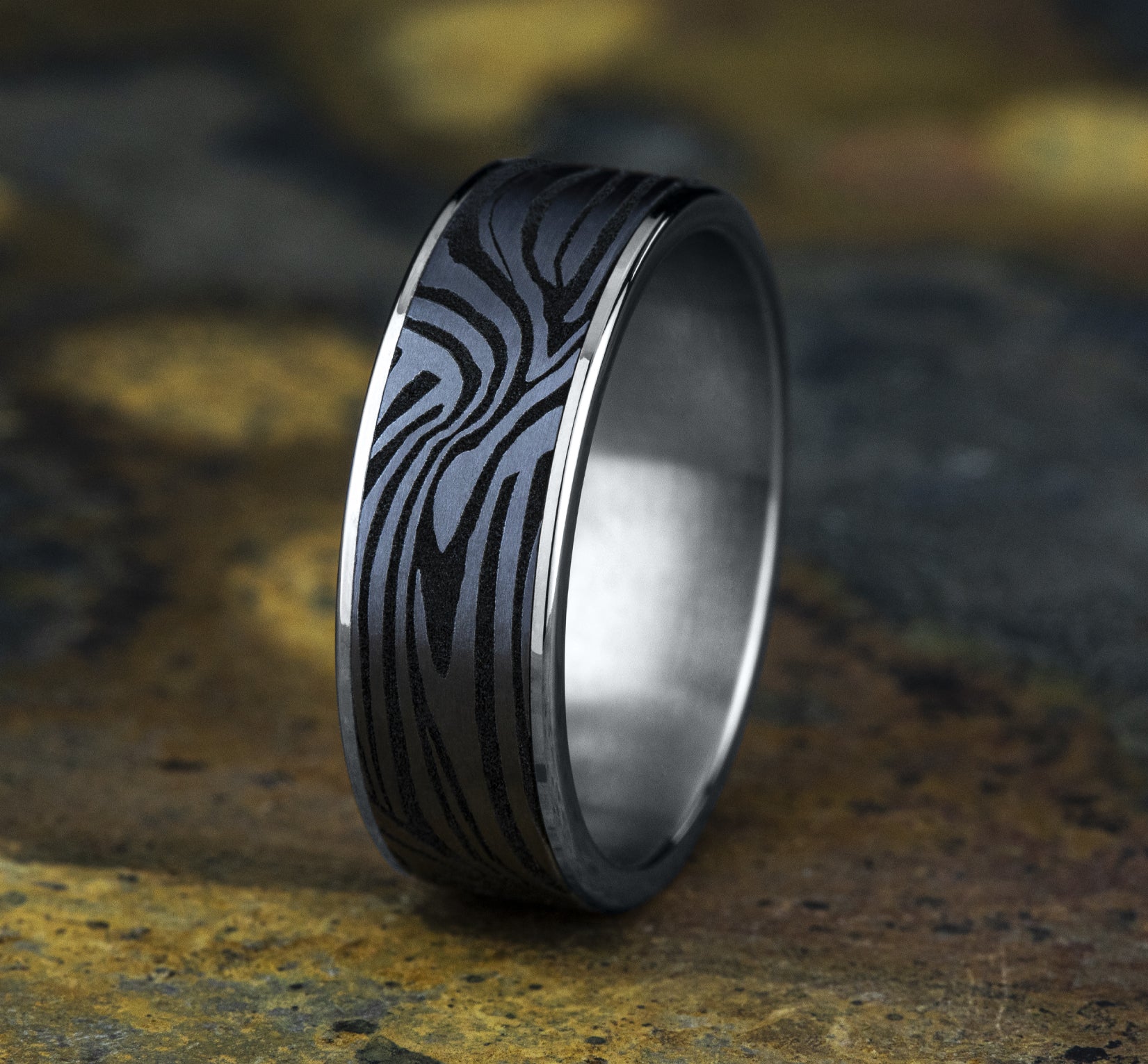 THE LAVA LAMP 7.5mm, Comfort fit, 14K White Gold and Grey Tantalum, Unique Tamascus designed center, thin edges