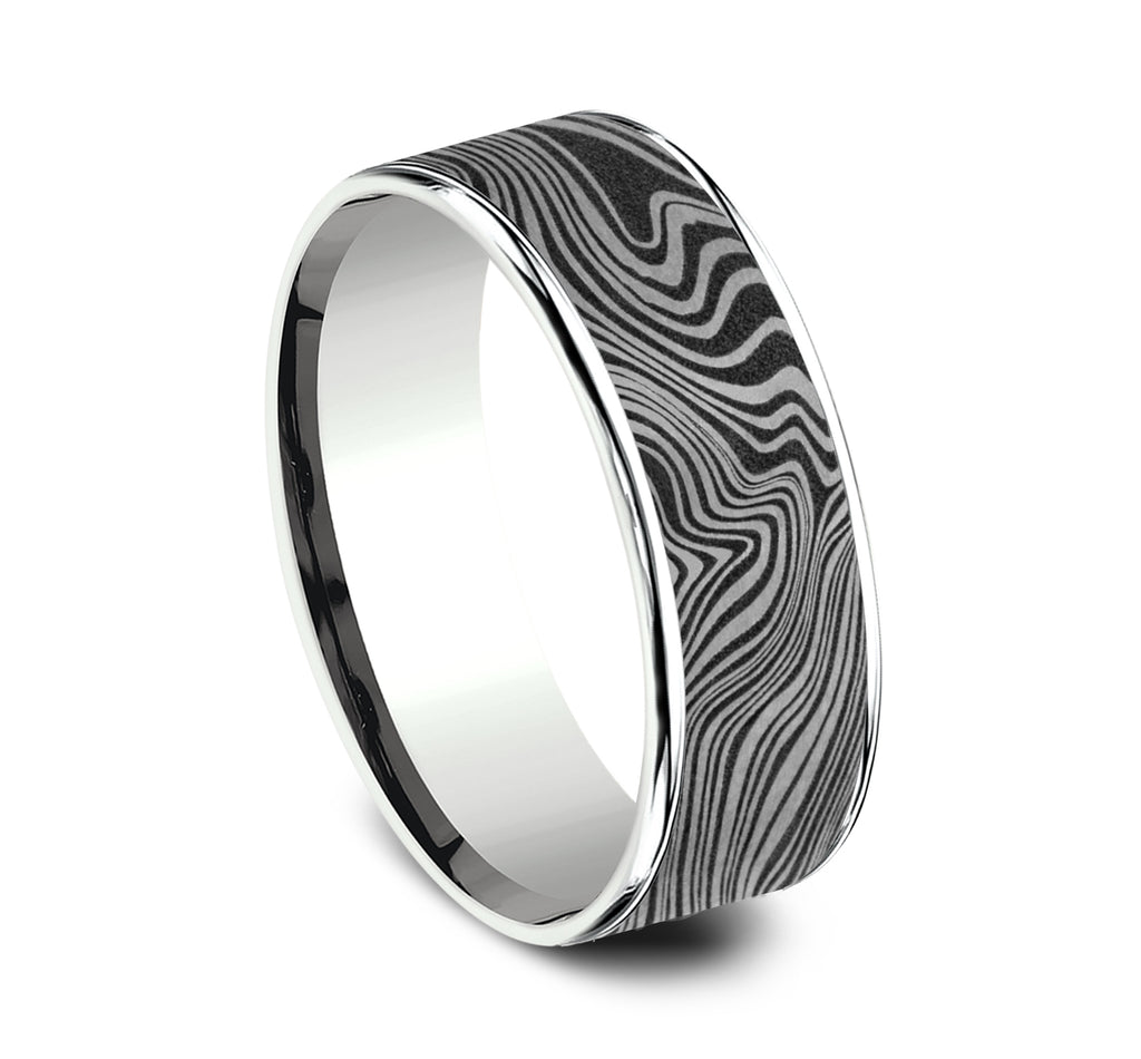 THE MARBLE 7.5mm, Comfort fit, 14K White Gold and Grey Tantalum, Unique Tamascus designed center, thin edges