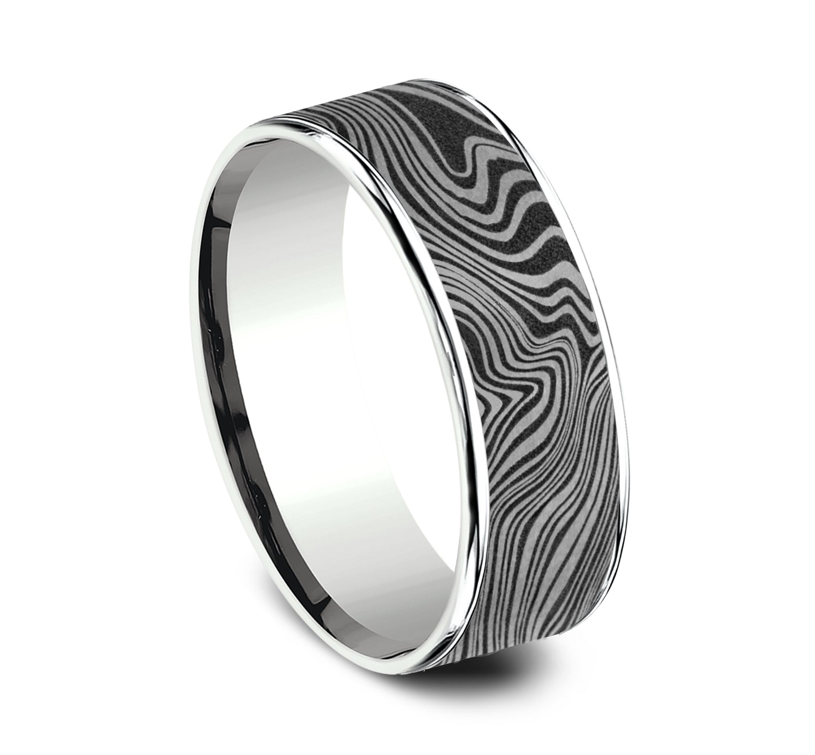 THE MARBLE 7.5mm, Comfort fit, 14K White Gold and Grey Tantalum, Unique Tamascus designed center, thin edges