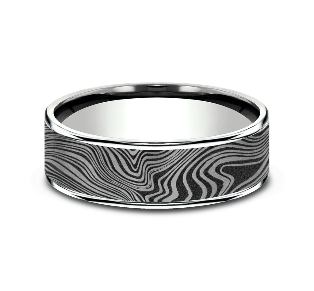 THE MARBLE 7.5mm, Comfort fit, 14K White Gold and Grey Tantalum, Unique Tamascus designed center, thin edges