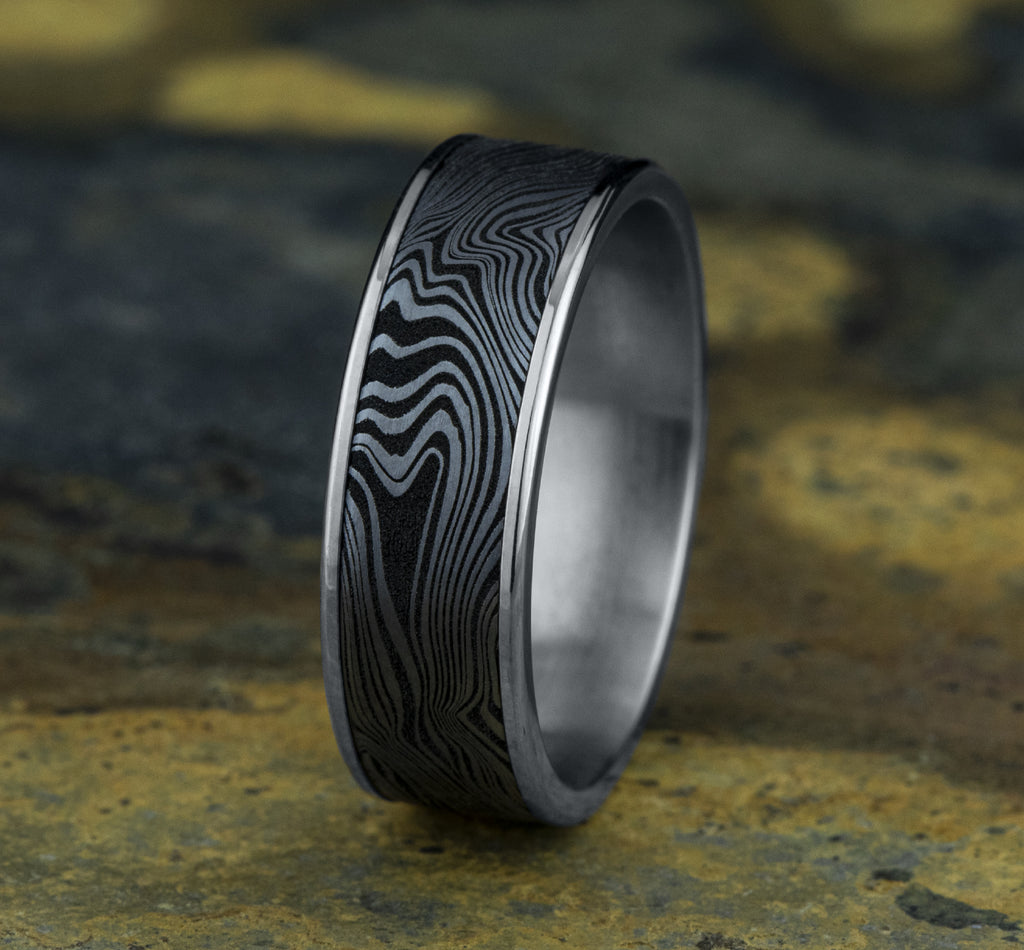 THE MARBLE 7.5mm, Comfort fit, 14K White Gold and Grey Tantalum, Unique Tamascus designed center, thin edges