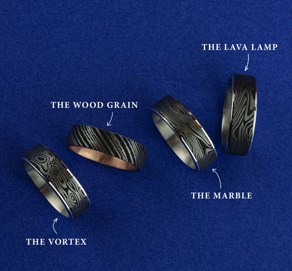 THE MARBLE 7.5mm, Comfort fit, 14K White Gold and Grey Tantalum, Unique Tamascus designed center, thin edges