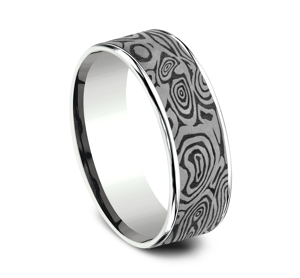 THE VORTEX 7.5mm, Comfort fit, 14K White Gold and Grey Tantalum, Unique Tamascus designed center, thin edges