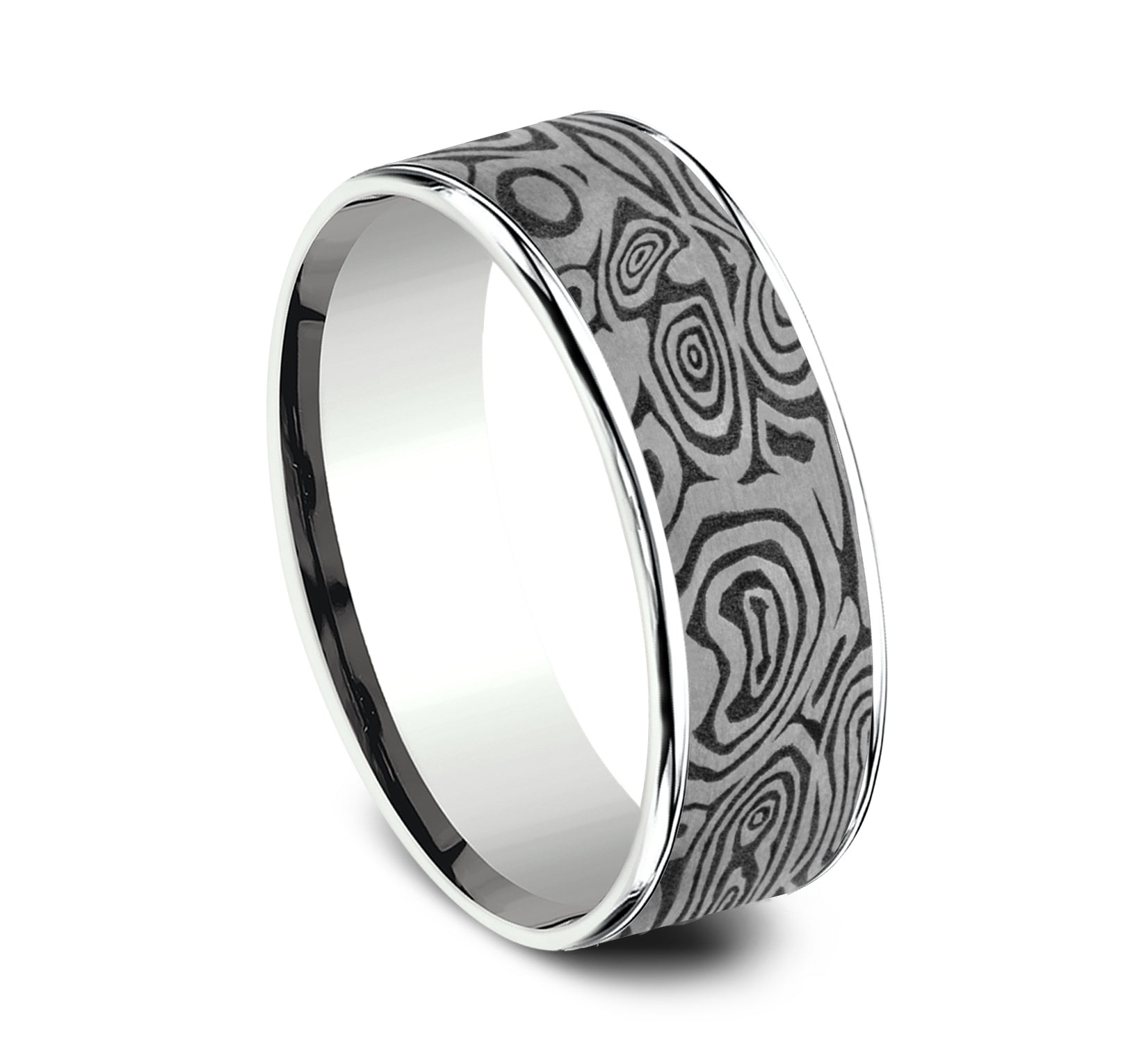THE VORTEX 7.5mm, Comfort fit, 14K White Gold and Grey Tantalum, Unique Tamascus designed center, thin edges