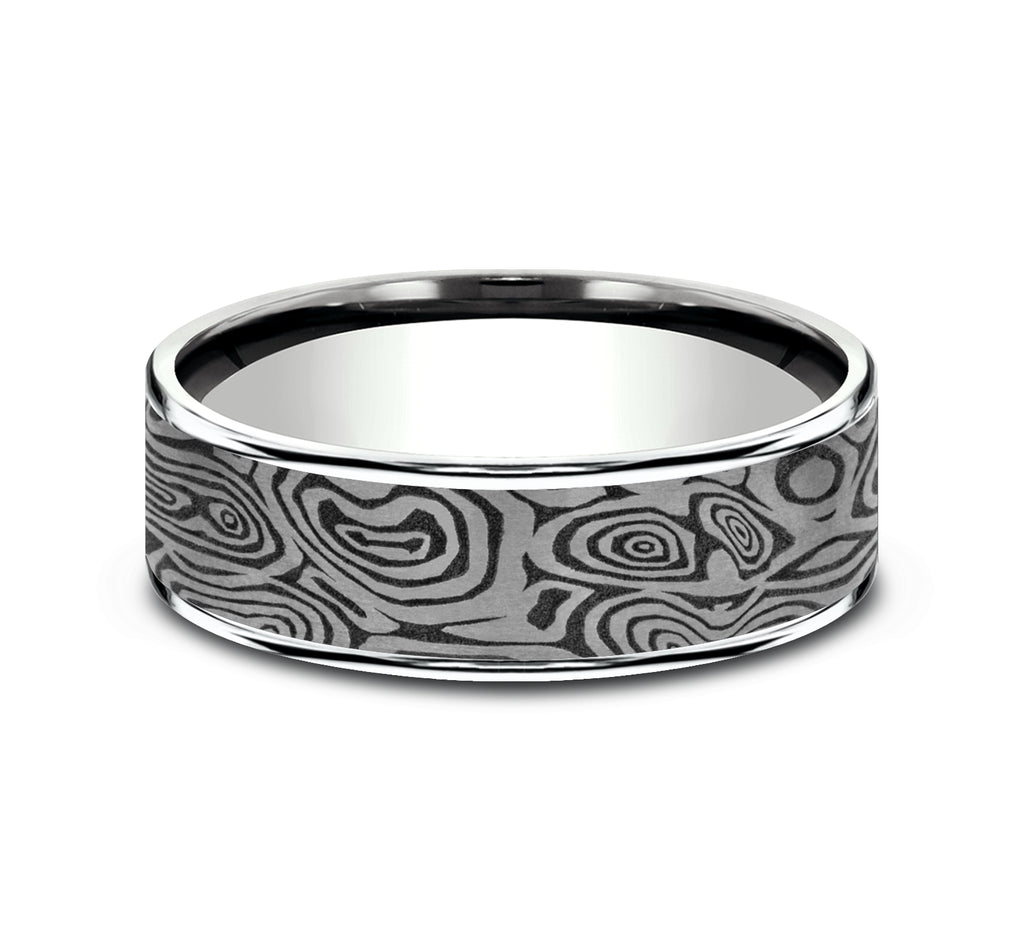 THE VORTEX 7.5mm, Comfort fit, 14K White Gold and Grey Tantalum, Unique Tamascus designed center, thin edges