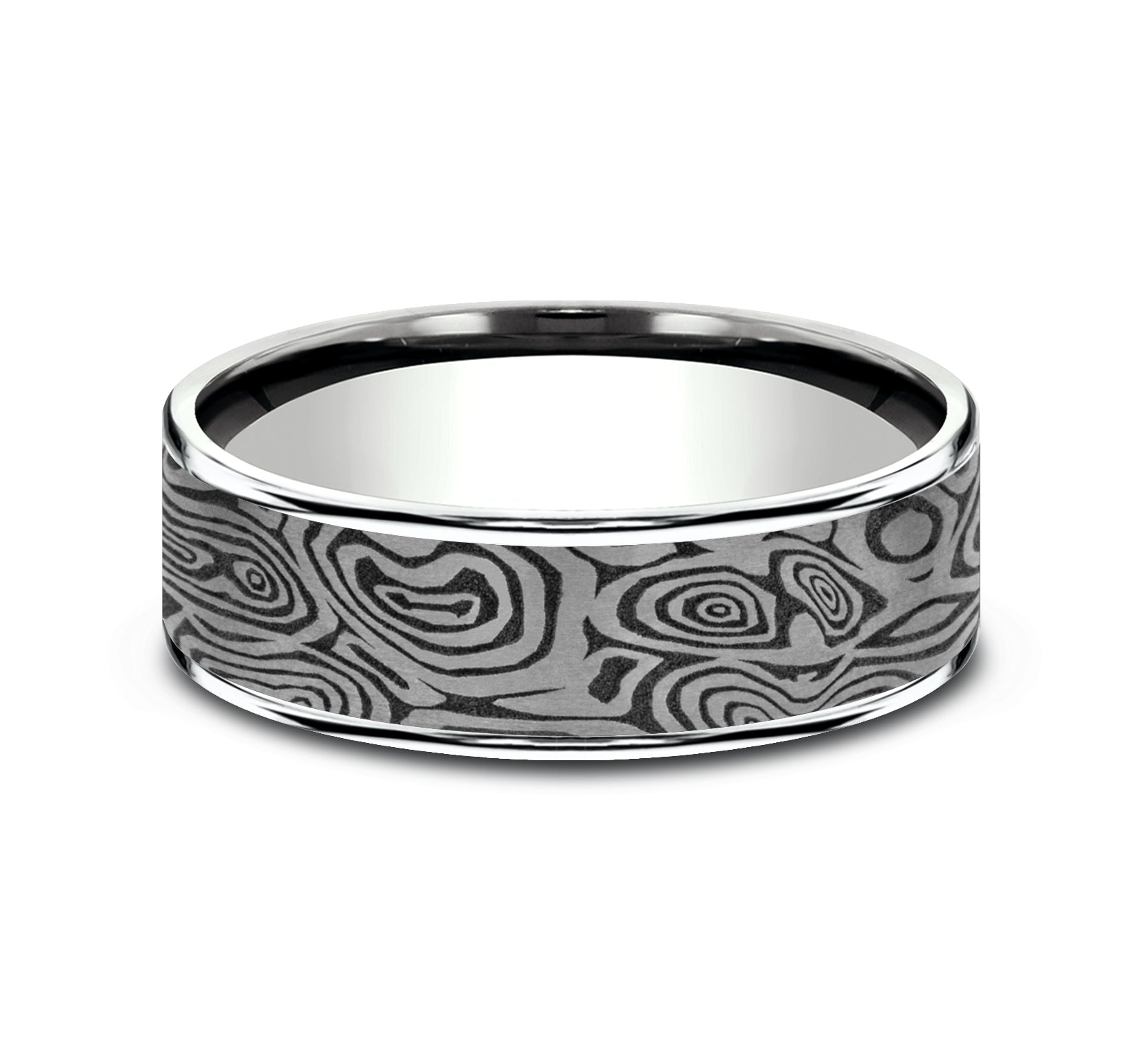THE VORTEX 7.5mm, Comfort fit, 14K White Gold and Grey Tantalum, Unique Tamascus designed center, thin edges