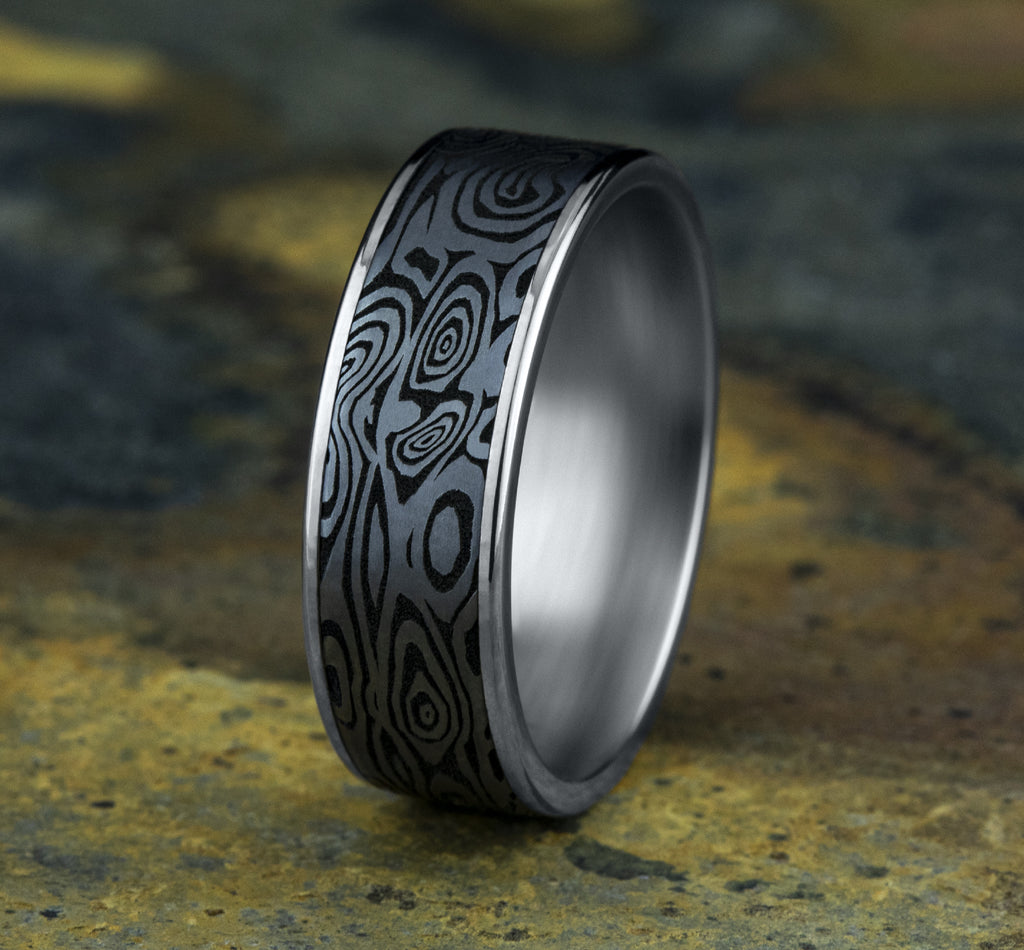 THE VORTEX 7.5mm, Comfort fit, 14K White Gold and Grey Tantalum, Unique Tamascus designed center, thin edges