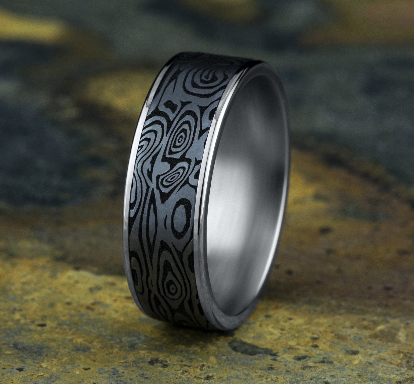 THE VORTEX 7.5mm, Comfort fit, 14K White Gold and Grey Tantalum, Unique Tamascus designed center, thin edges