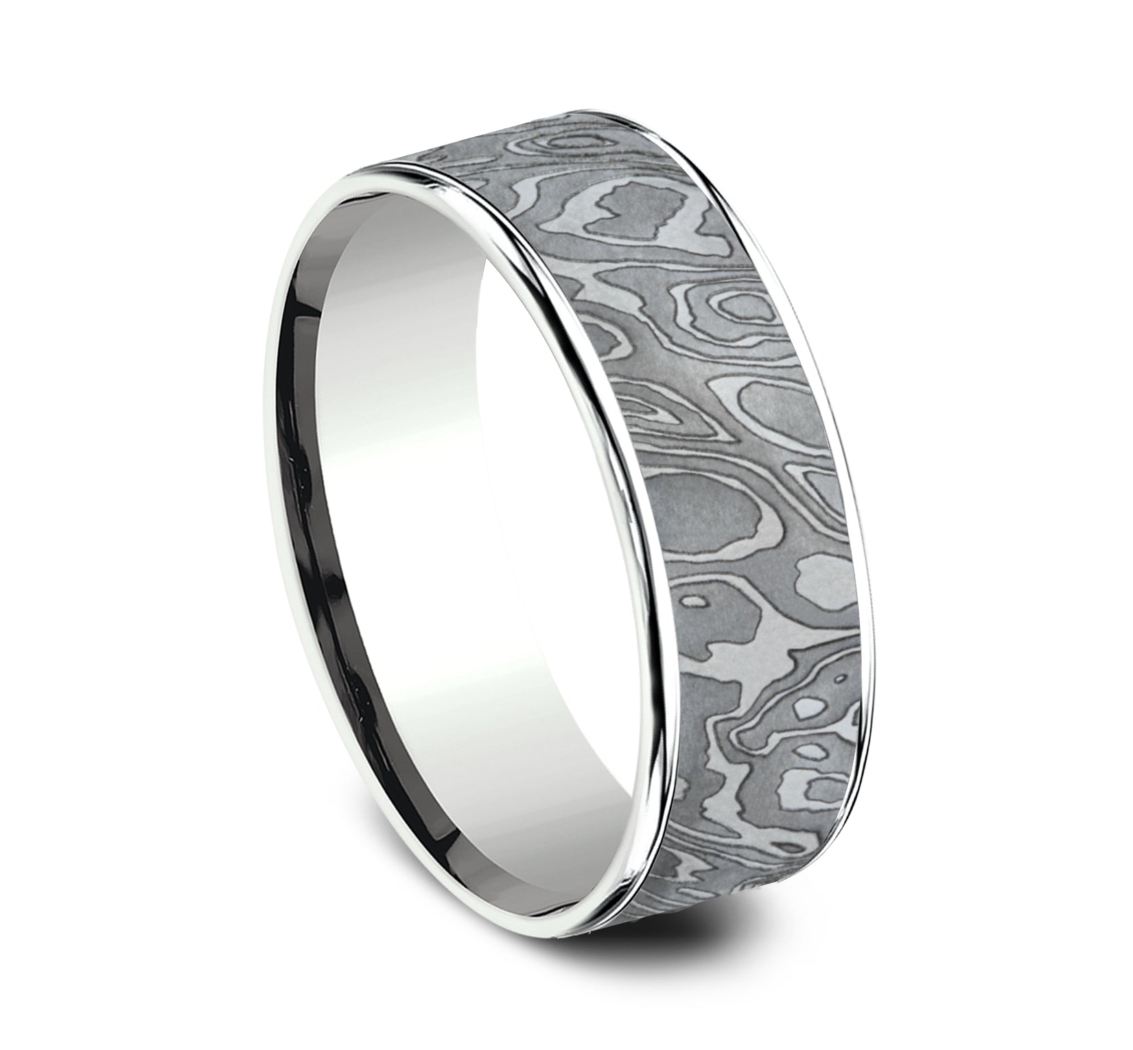 THE WILD 7.5mm, Comfort fit, 14K White Gold and Grey Tantalum, Unique Tamascus designed center, thin edges