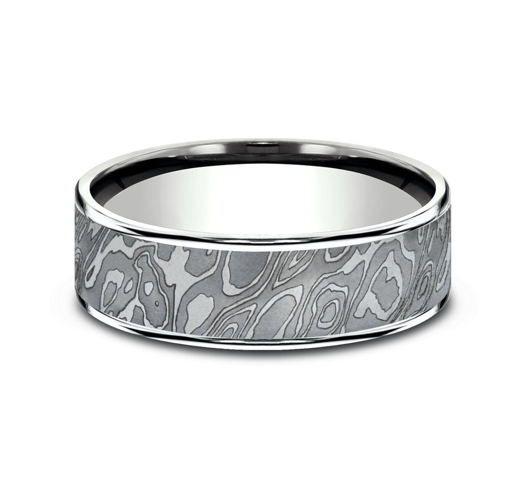 THE WILD 7.5mm, Comfort fit, 14K White Gold and Grey Tantalum, Unique Tamascus designed center, thin edges