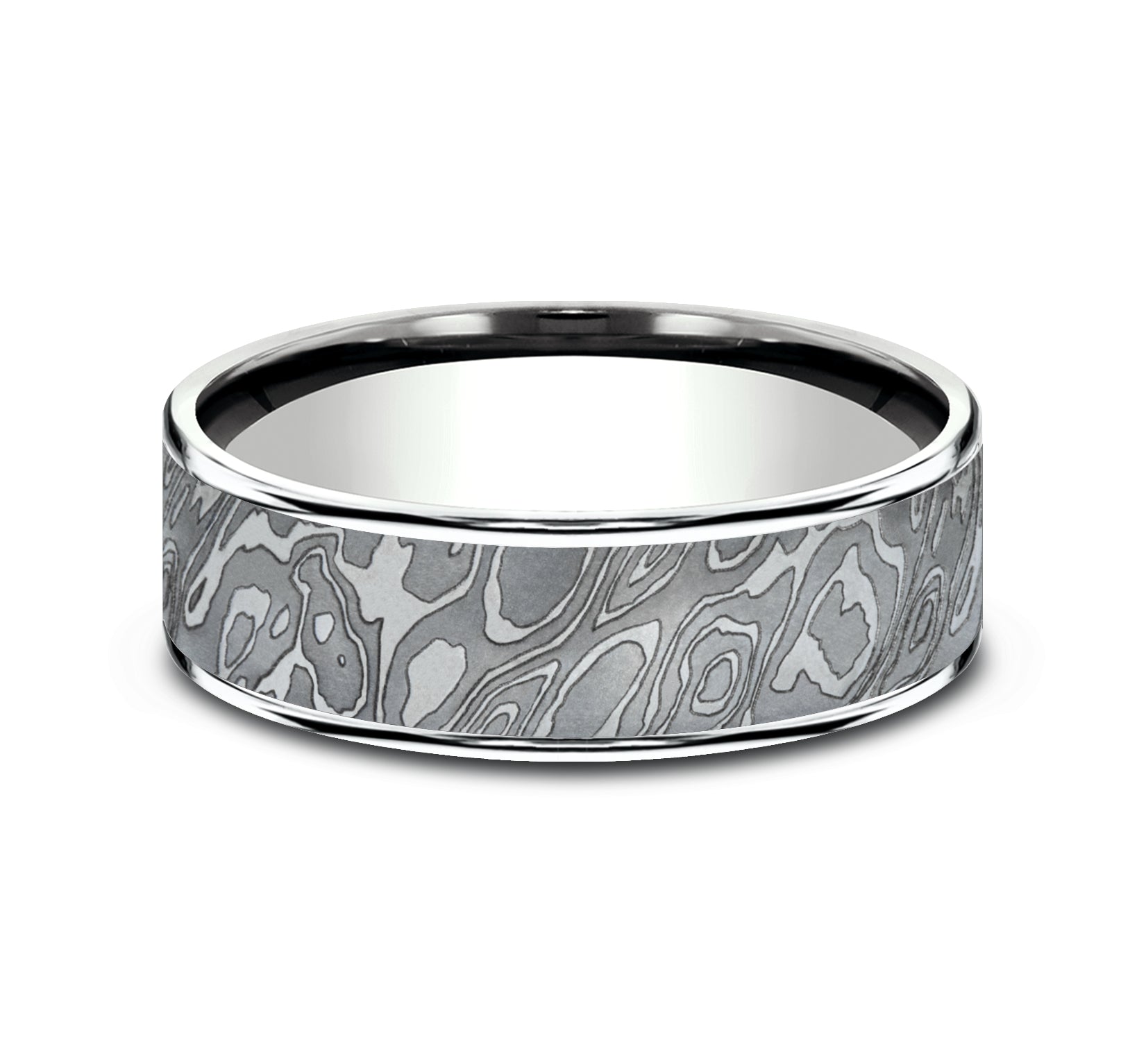 THE WILD 7.5mm, Comfort fit, 14K White Gold and Grey Tantalum, Unique Tamascus designed center, thin edges
