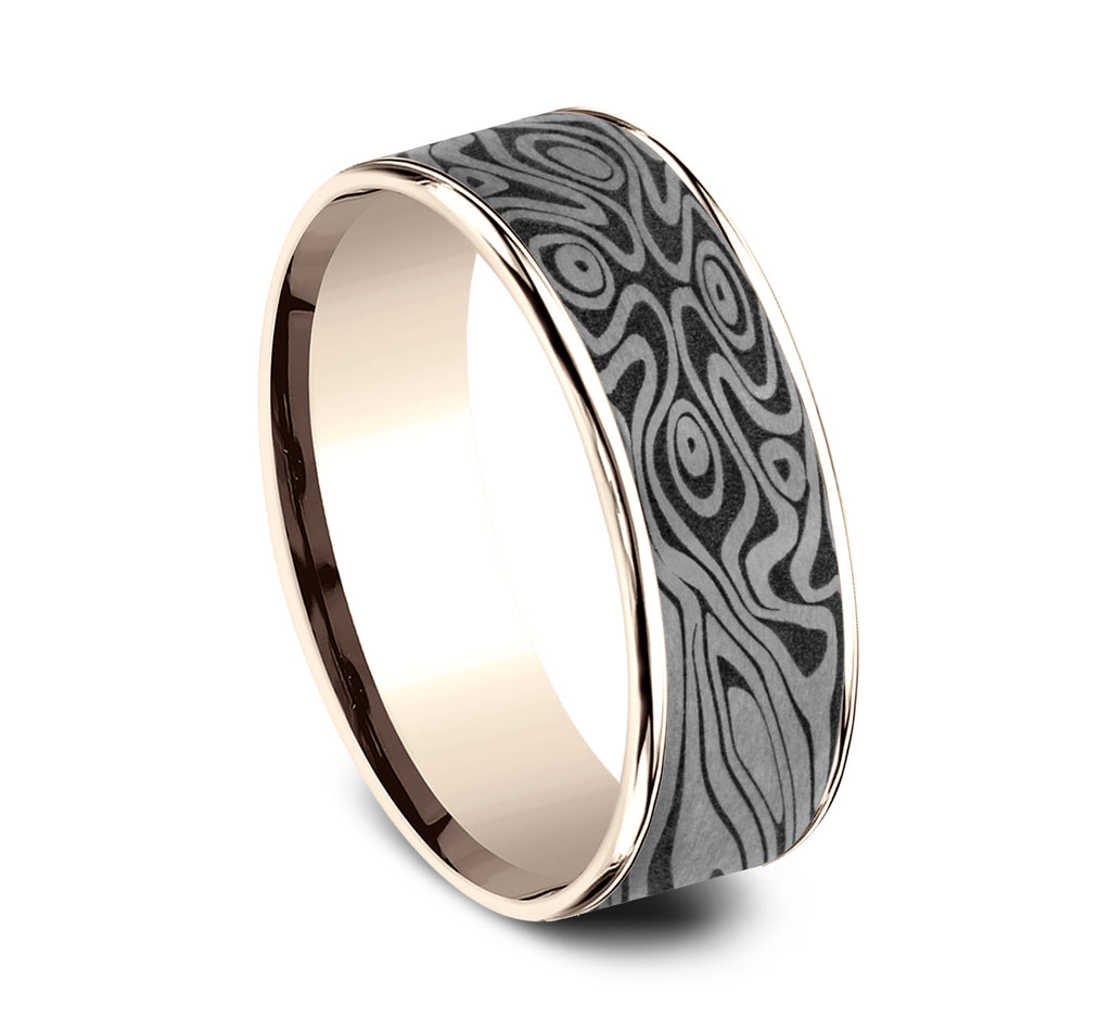 THE BIRDS EYE 7.5mm, Comfort fit, 14K Rose Gold and Grey Tantalum, Unique Tamascus designed center, thin edges