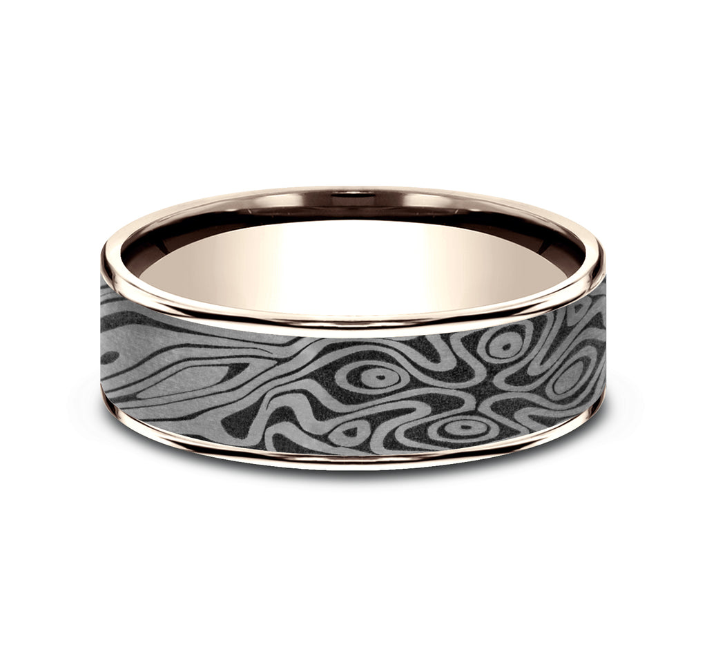 THE BIRDS EYE 7.5mm, Comfort fit, 14K Rose Gold and Grey Tantalum, Unique Tamascus designed center, thin edges