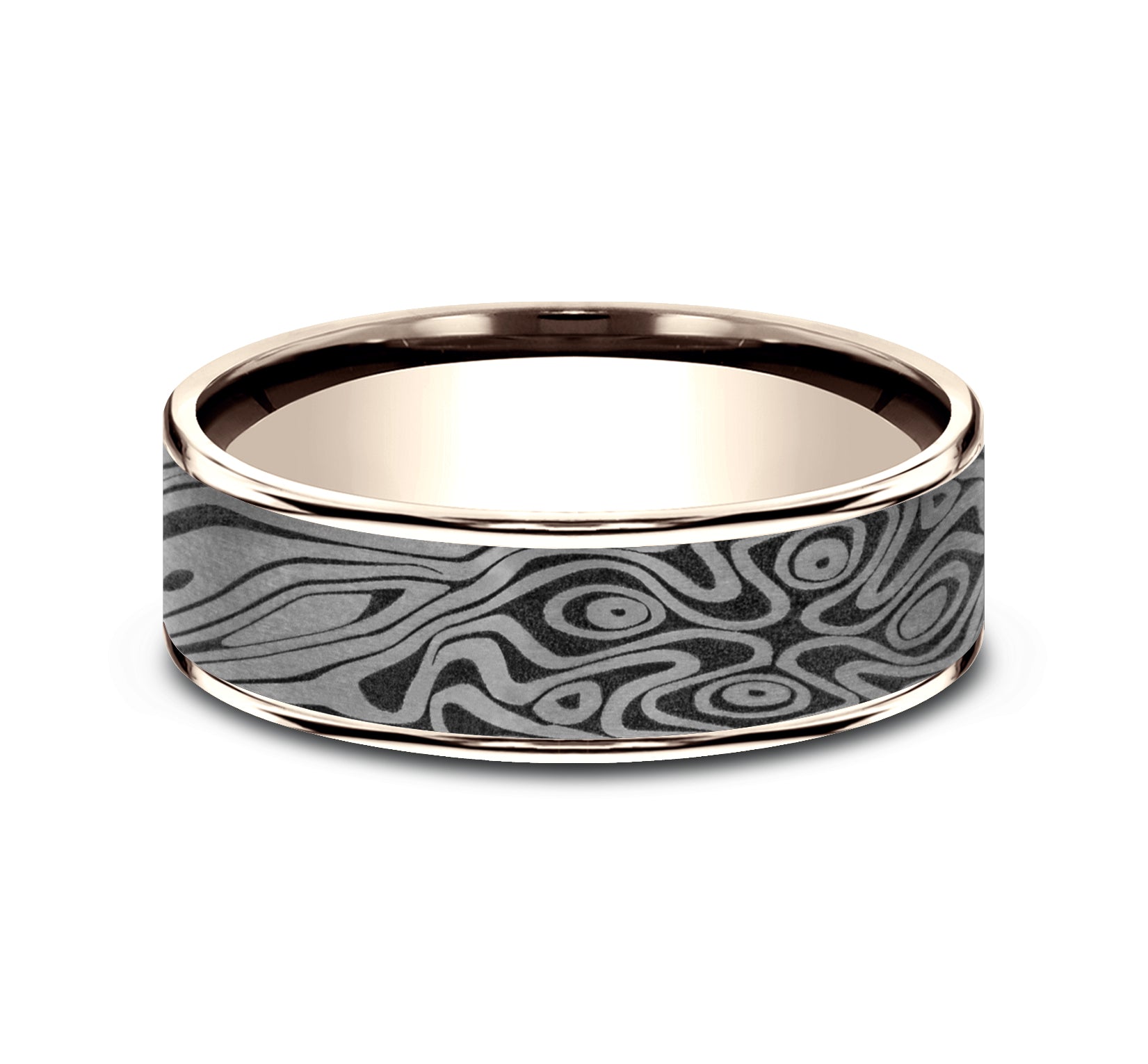 THE BIRDS EYE 7.5mm, Comfort fit, 14K Rose Gold and Grey Tantalum, Unique Tamascus designed center, thin edges