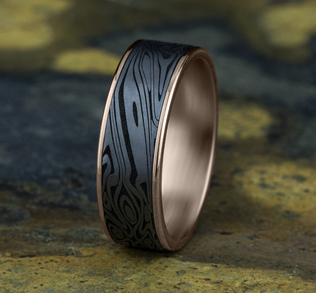 THE BIRDS EYE 7.5mm, Comfort fit, 14K Rose Gold and Grey Tantalum, Unique Tamascus designed center, thin edges
