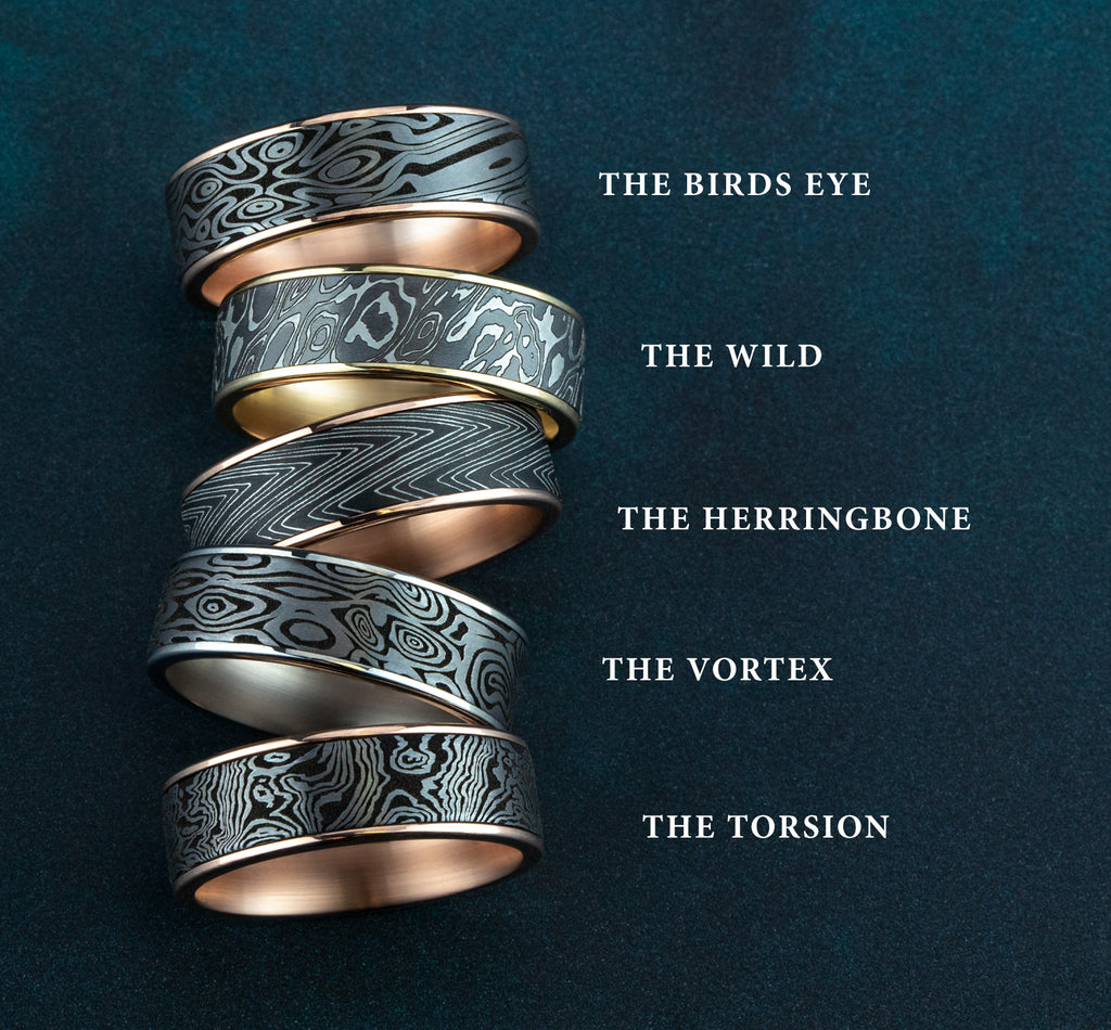 THE BIRDS EYE 7.5mm, Comfort fit, 14K Rose Gold and Grey Tantalum, Unique Tamascus designed center, thin edges