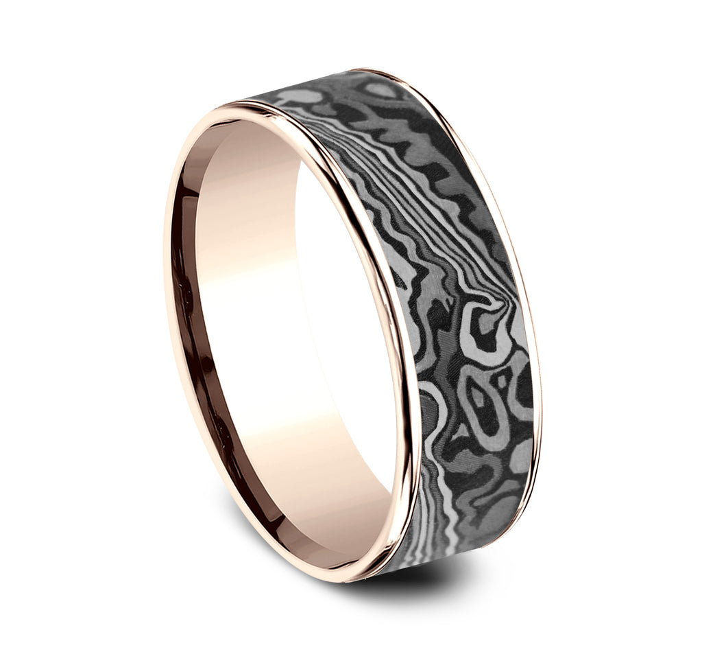 THE ACID ETCH 7.5mm, Comfort fit, 14K Rose Gold and Grey Tantalum, Unique Tamascus designed center, thin edges