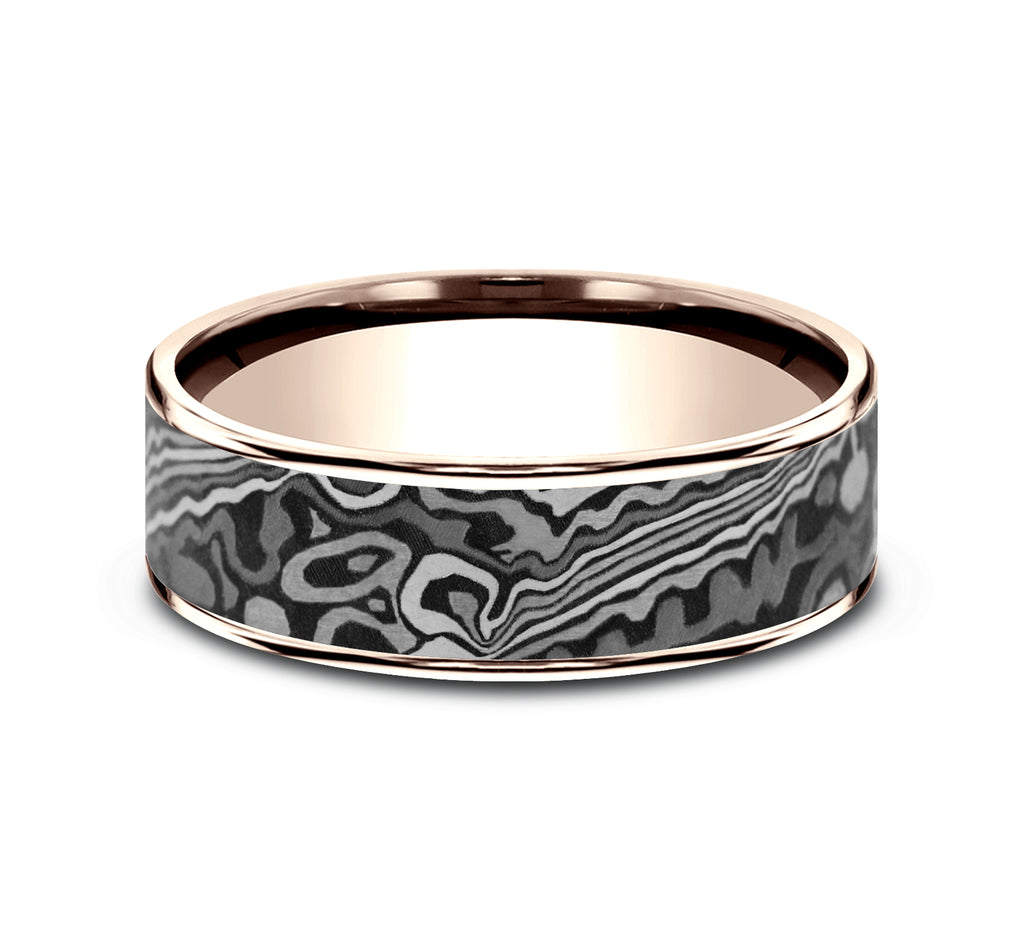 THE ACID ETCH 7.5mm, Comfort fit, 14K Rose Gold and Grey Tantalum, Unique Tamascus designed center, thin edges