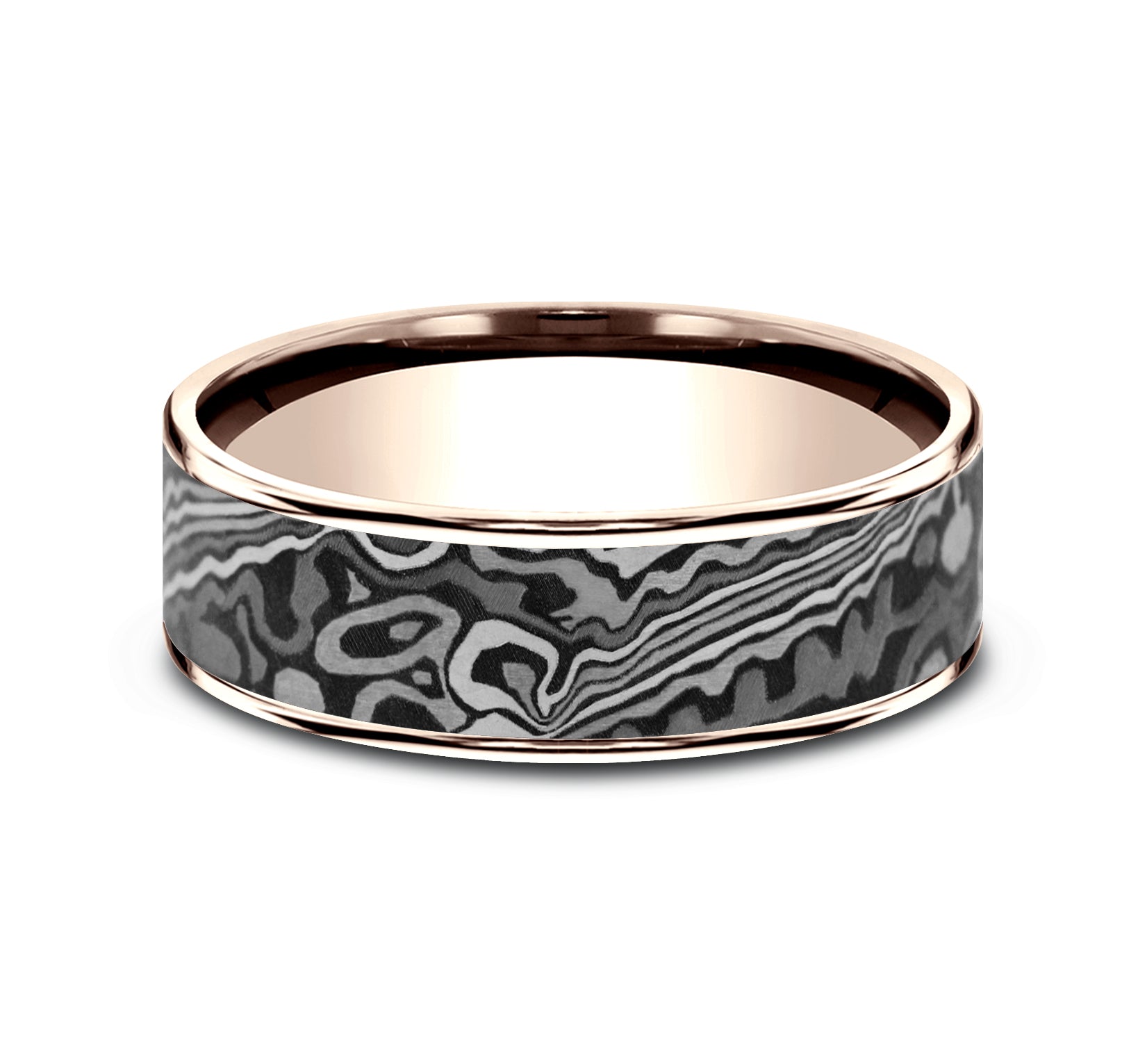 THE ACID ETCH 7.5mm, Comfort fit, 14K Rose Gold and Grey Tantalum, Unique Tamascus designed center, thin edges