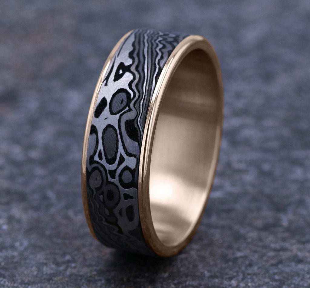 THE ACID ETCH 7.5mm, Comfort fit, 14K Rose Gold and Grey Tantalum, Unique Tamascus designed center, thin edges