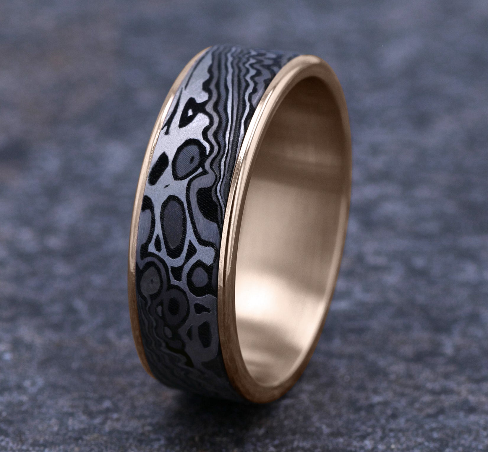 THE ACID ETCH 7.5mm, Comfort fit, 14K Rose Gold and Grey Tantalum, Unique Tamascus designed center, thin edges