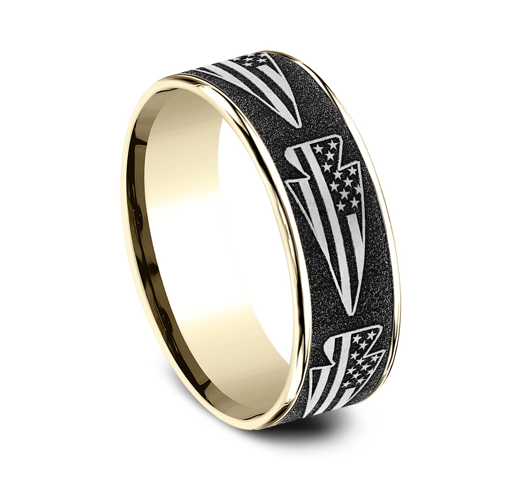 THE AMERICAN 7.5mm, Comfort fit, 14K Yellow Gold and Grey-Black Titanium, American flag arrow design, thin edges