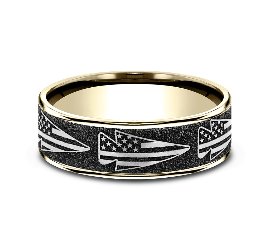 THE AMERICAN 7.5mm, Comfort fit, 14K Yellow Gold and Grey-Black Titanium, American flag arrow design, thin edges
