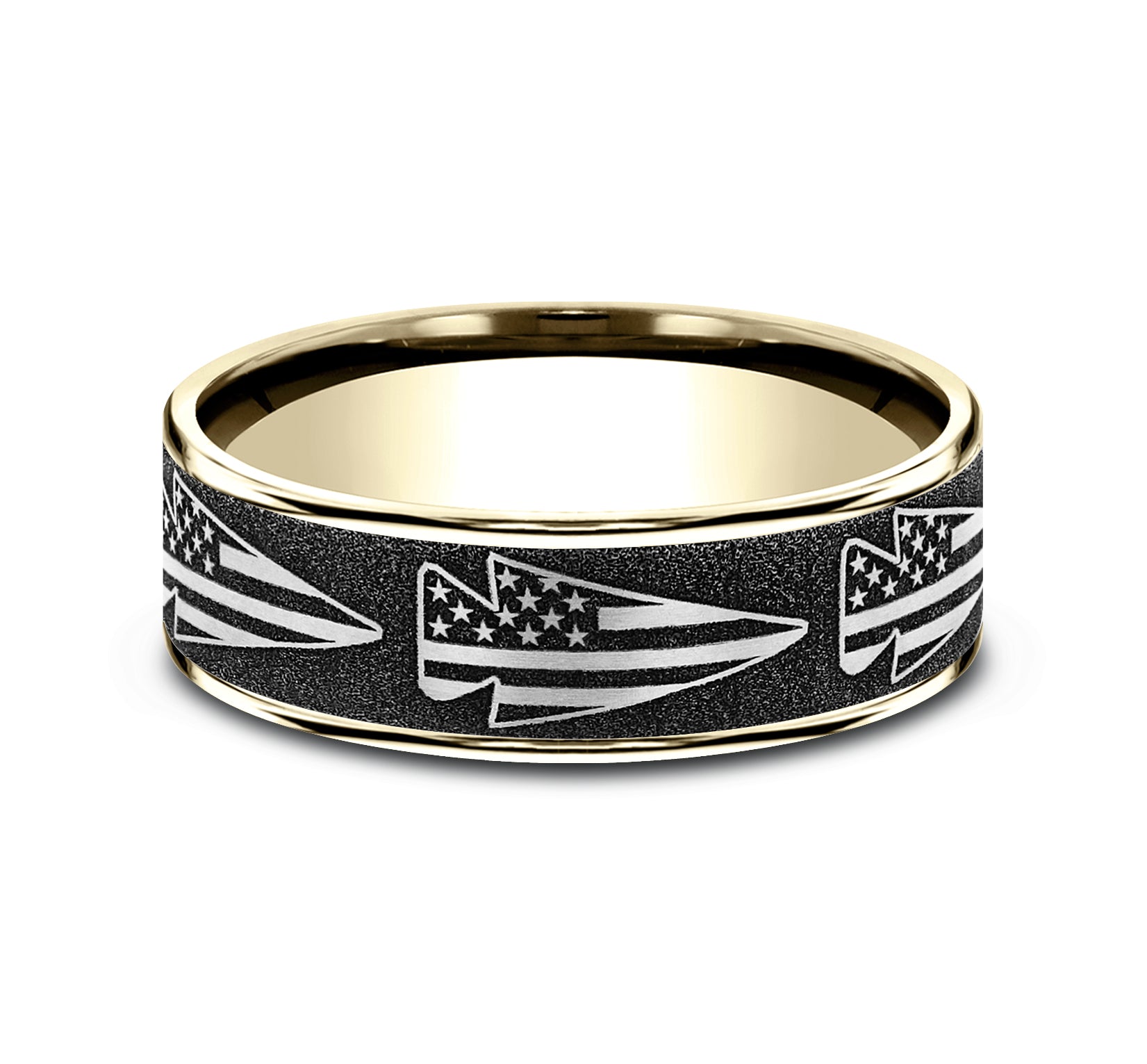 THE AMERICAN 7.5mm, Comfort fit, 14K Yellow Gold and Grey-Black Titanium, American flag arrow design, thin edges