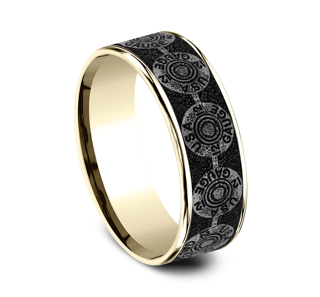 THE 12 GAUGE 7.5mm, Comfort fit, 14K Yellow Gold and Grey/Black Titanium, 12GA bullet back patterned center, thin edges
