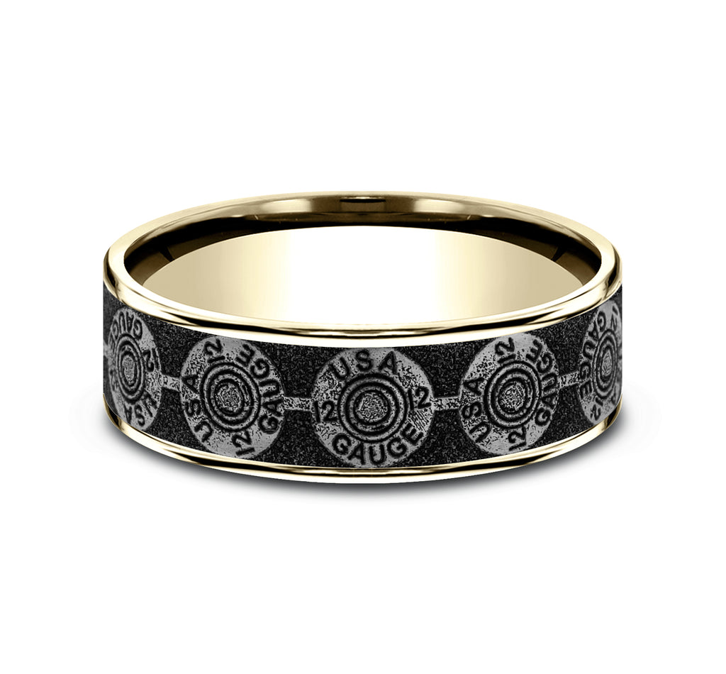 THE 12 GAUGE 7.5mm, Comfort fit, 14K Yellow Gold and Grey/Black Titanium, 12GA bullet back patterned center, thin edges