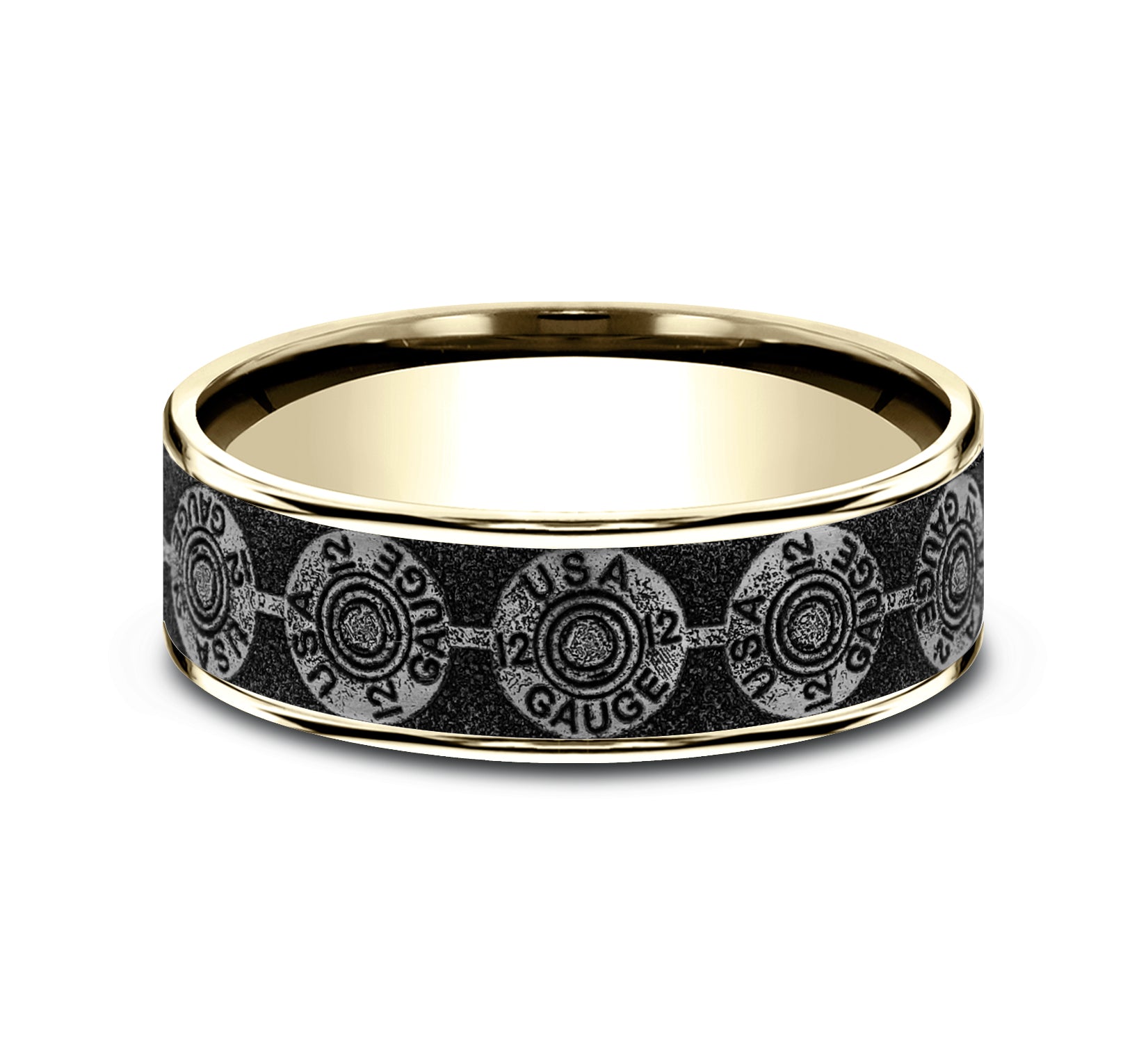 THE 12 GAUGE 7.5mm, Comfort fit, 14K Yellow Gold and Grey/Black Titanium, 12GA bullet back patterned center, thin edges
