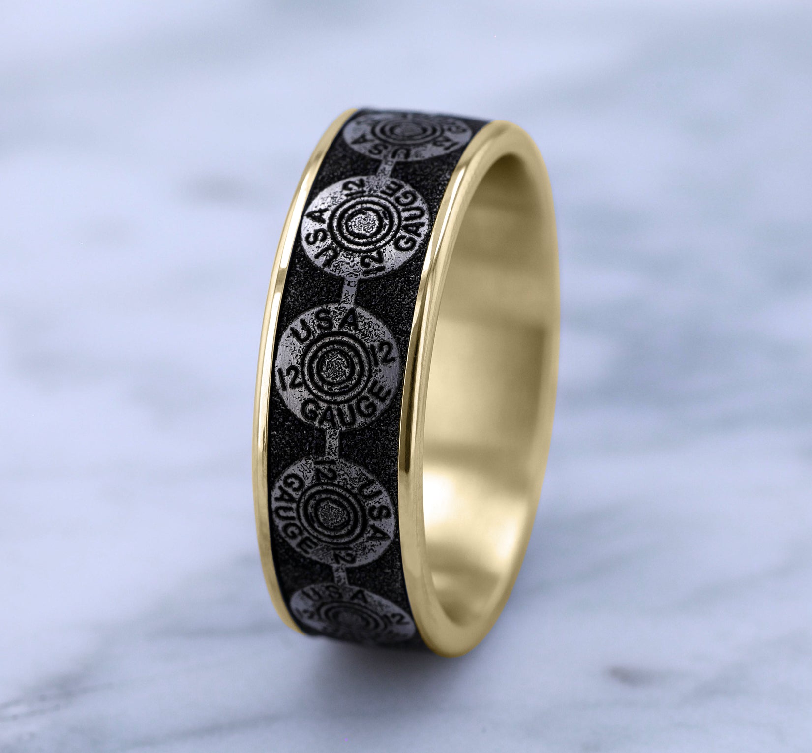 THE 12 GAUGE 7.5mm, Comfort fit, 14K Yellow Gold and Grey/Black Titanium, 12GA bullet back patterned center, thin edges