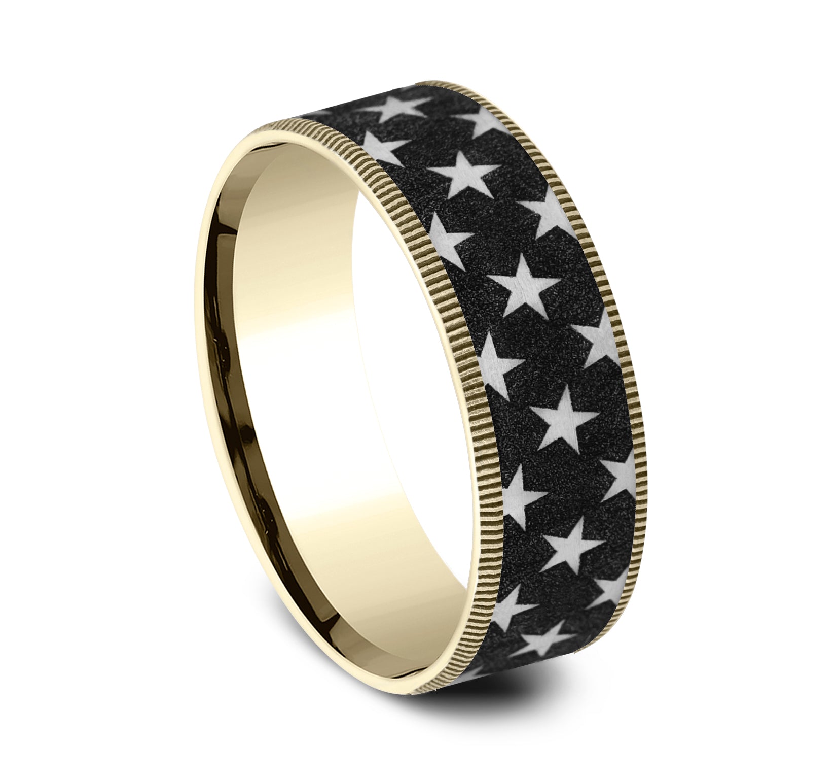 THE ANTHEM 7.5mm, Comfort fit, 14K Yellow and Grey/Black Titanium, Star patterned center, thin edges