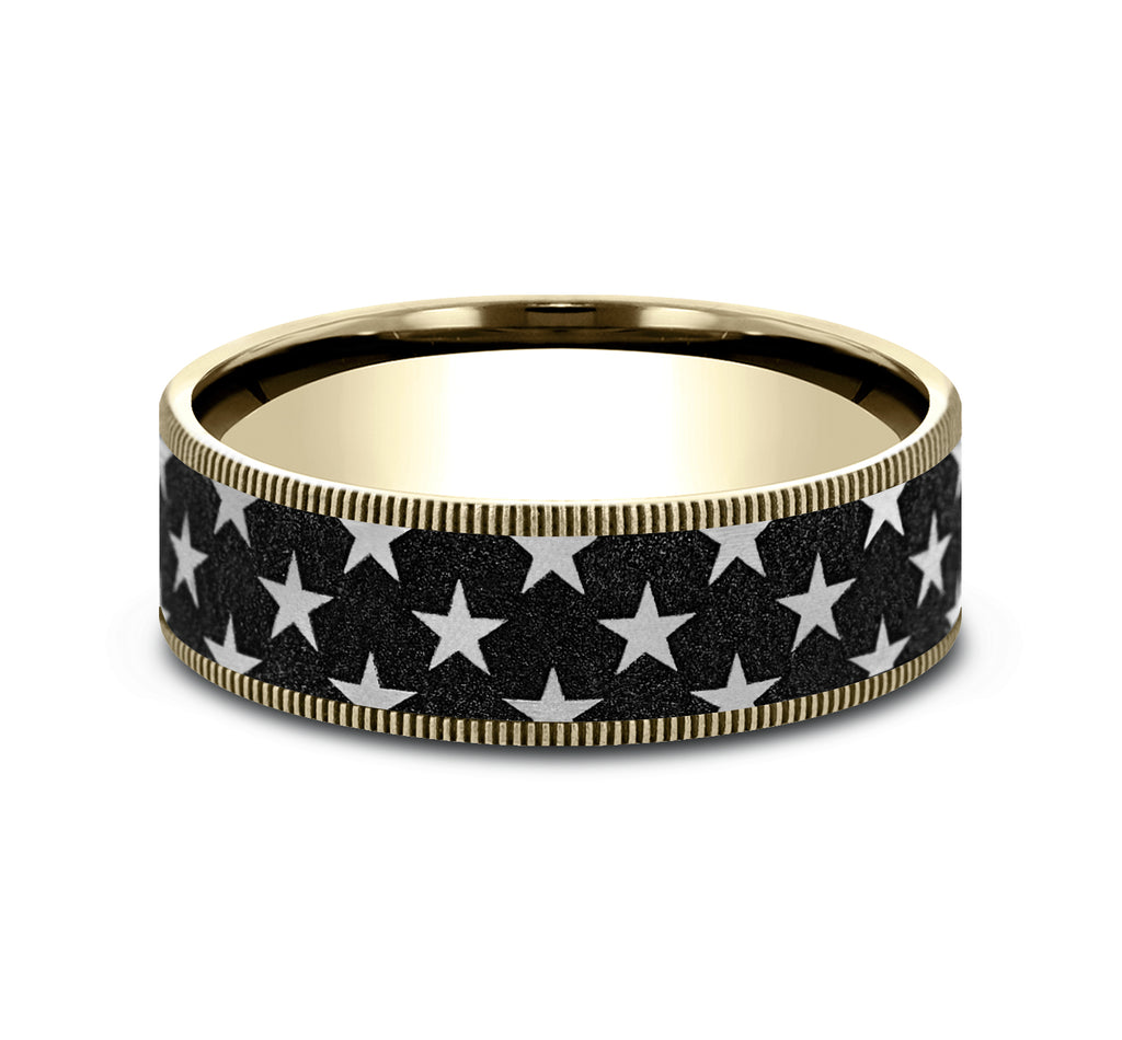 THE ANTHEM 7.5mm, Comfort fit, 14K Yellow and Grey/Black Titanium, Star patterned center, thin edges
