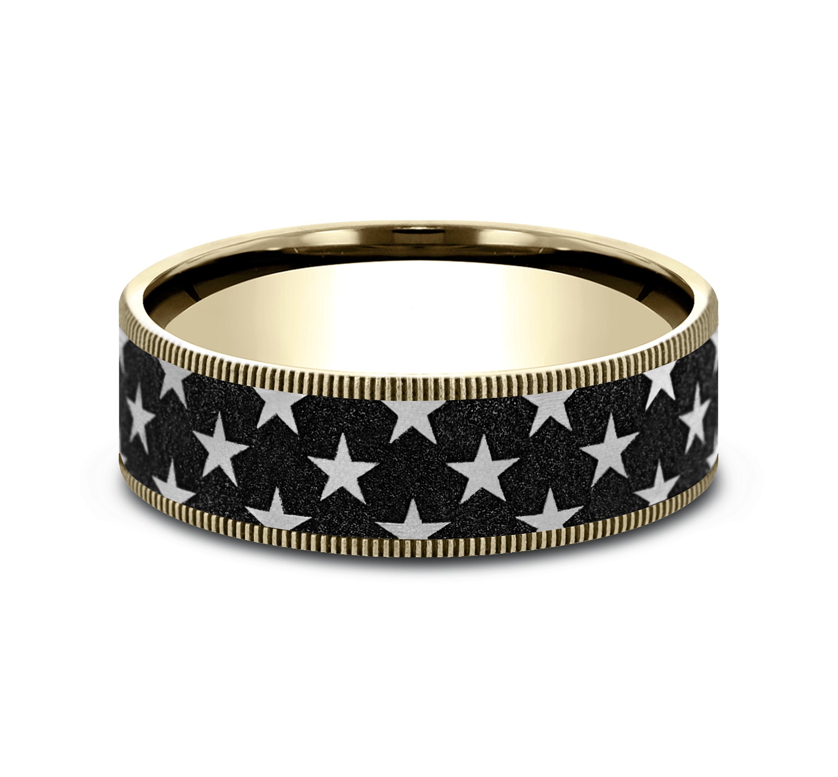 THE ANTHEM 7.5mm, Comfort fit, 14K Yellow and Grey/Black Titanium, Star patterned center, thin edges