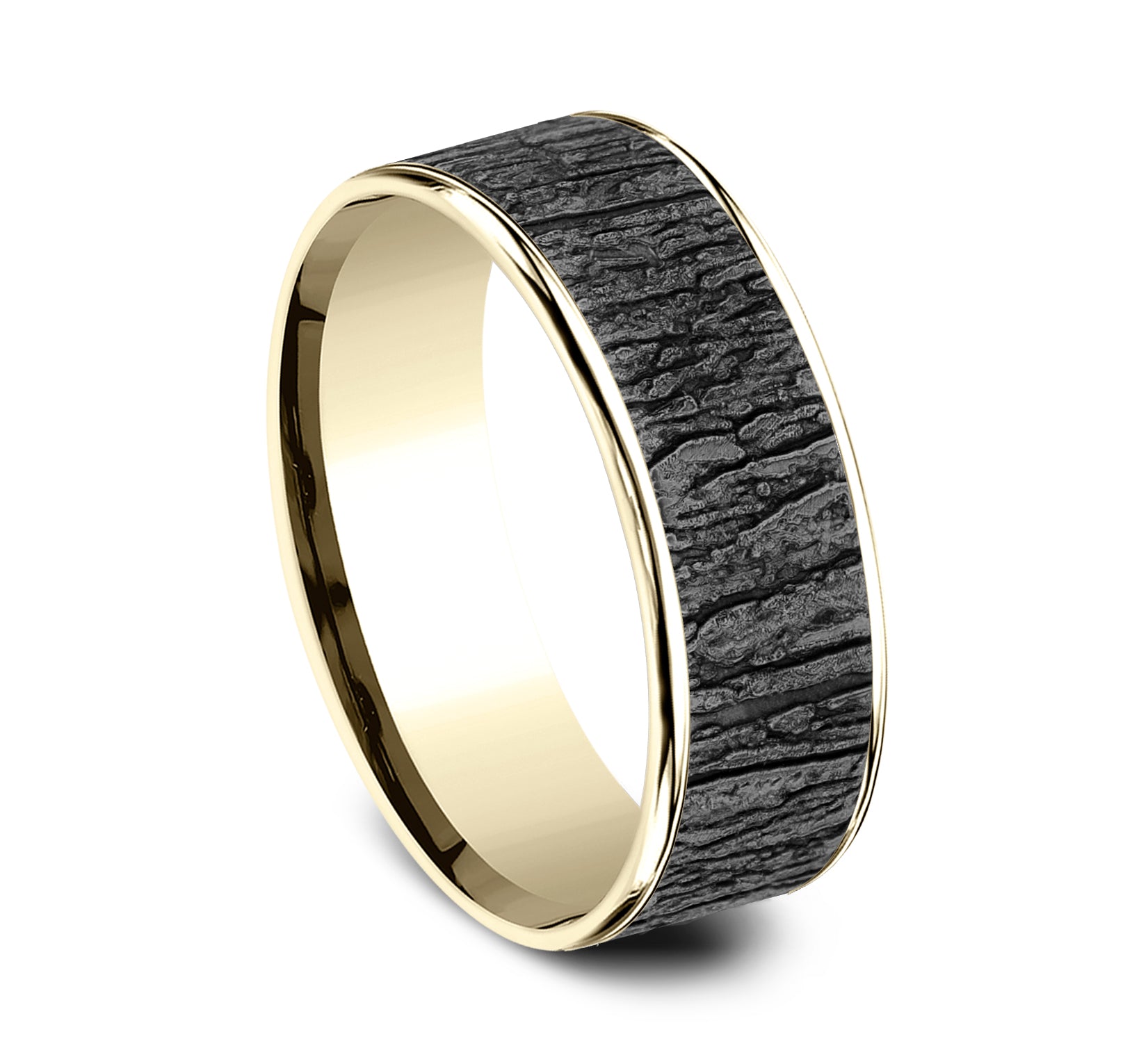 THE HAZEL 7.5mm, Comfort fit, 14K Yellow Gold and Grey Tantalum, Tree bark pattern, thin edges