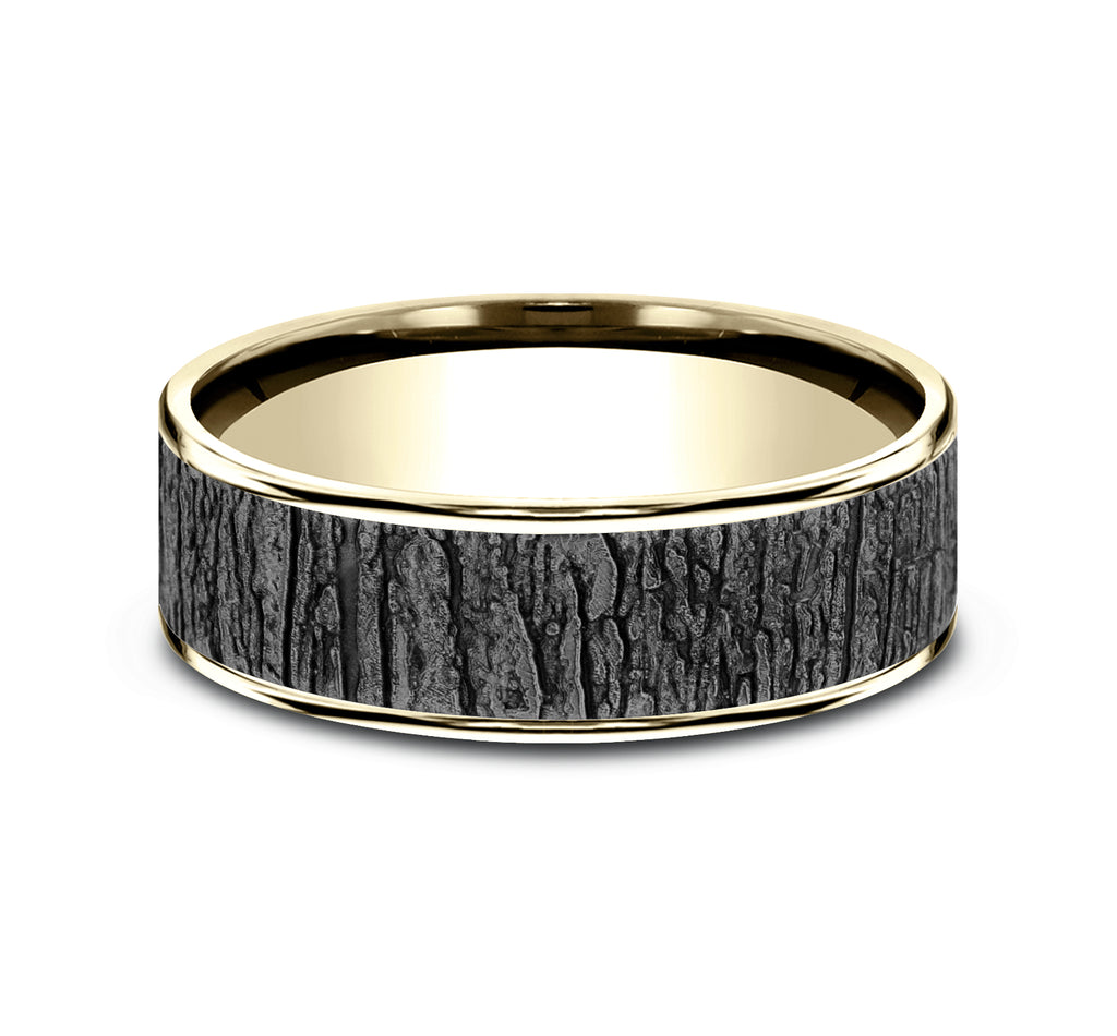 THE HAZEL 7.5mm, Comfort fit, 14K Yellow Gold and Grey Tantalum, Tree bark pattern, thin edges
