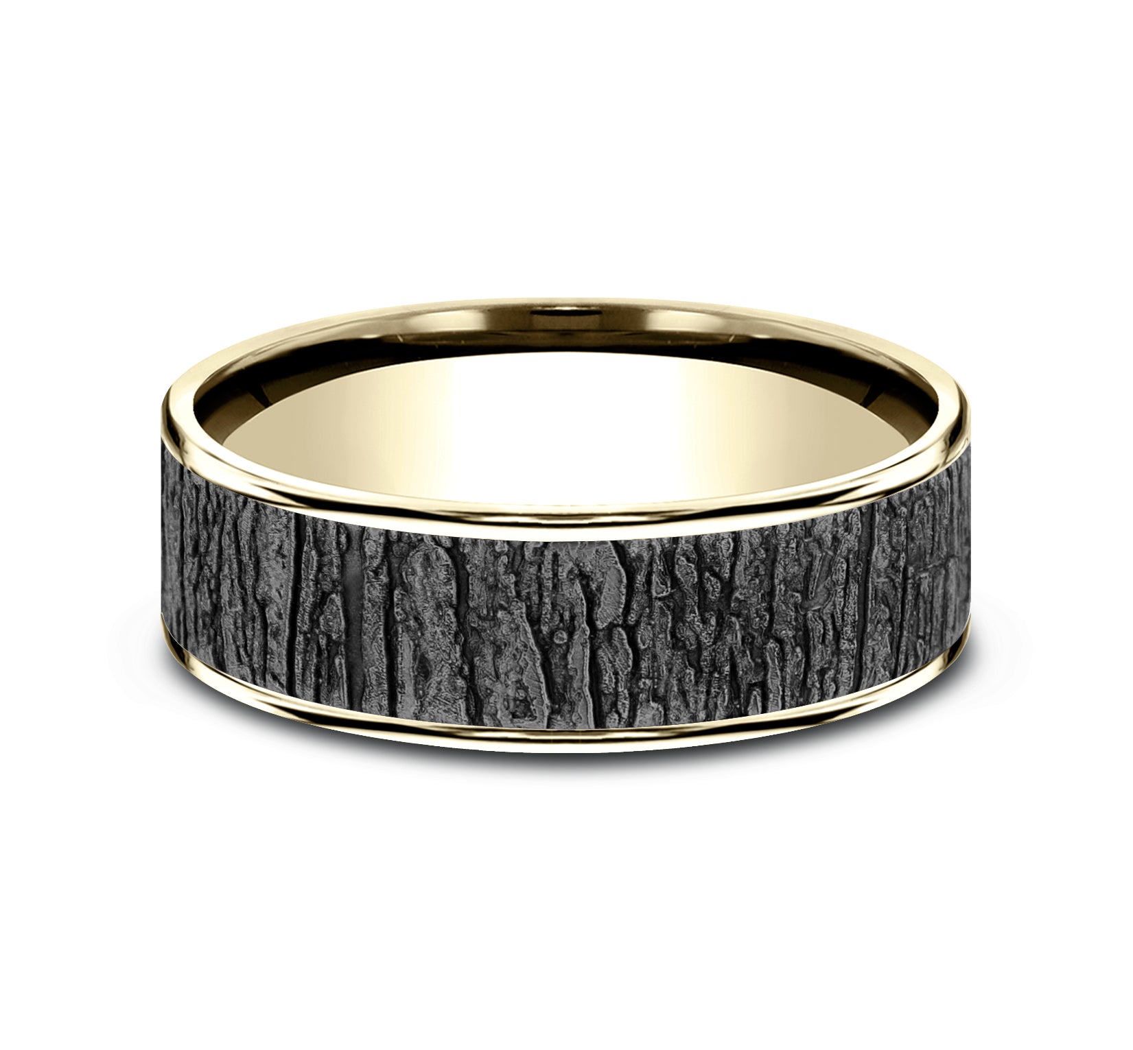 THE HAZEL 7.5mm, Comfort fit, 14K Yellow Gold and Grey Tantalum, Tree bark pattern, thin edges
