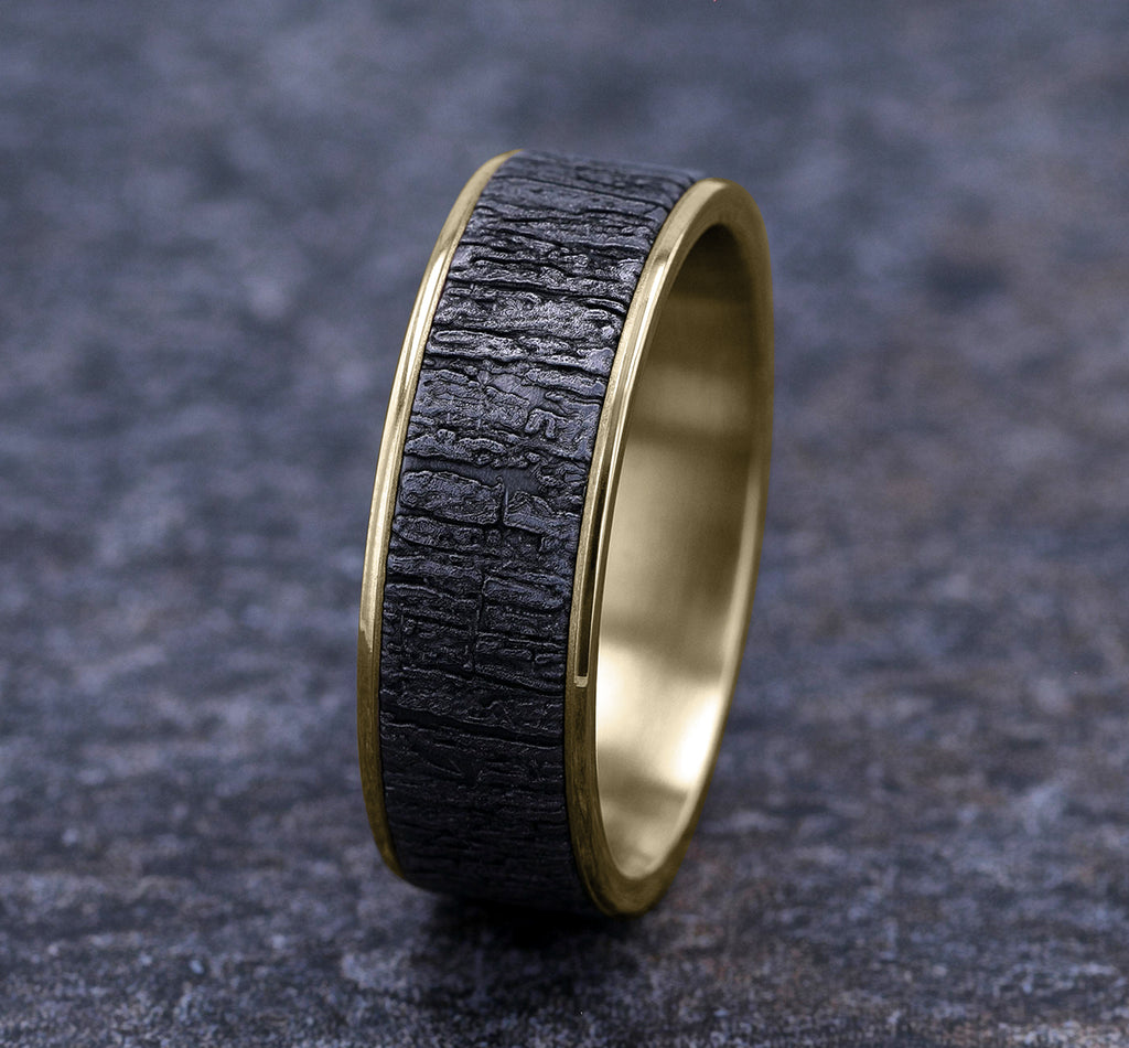 THE HAZEL 7.5mm, Comfort fit, 14K Yellow Gold and Grey Tantalum, Tree bark pattern, thin edges