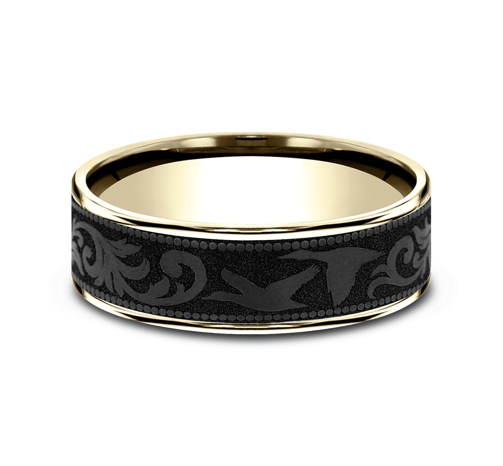 THE WATERFOWL 7.5mm, Comfort fit, 14K Yellow Gold and Black Titanium, Flying duck and script patterned center, thin edges