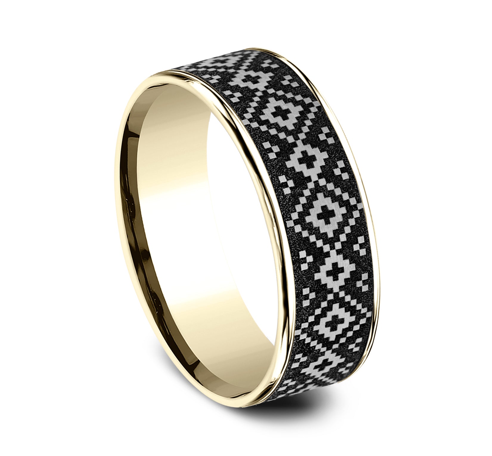 THE ISLE 7.5mm, Comfort fit, 14K Yellow Gold and Grey/Black Titanium, Fair Isle patterned center, thin edges