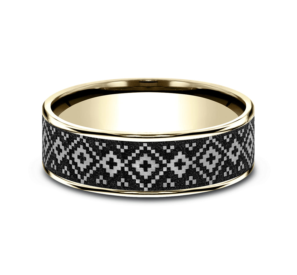 THE ISLE 7.5mm, Comfort fit, 14K Yellow Gold and Grey/Black Titanium, Fair Isle patterned center, thin edges